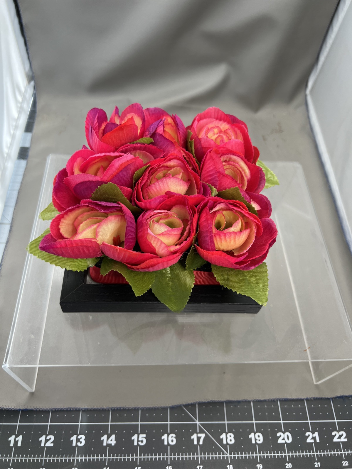 Pink Red Faux Silk Ranunculus Buttercup 9 Flower Box Table Centerpiece 6” Square