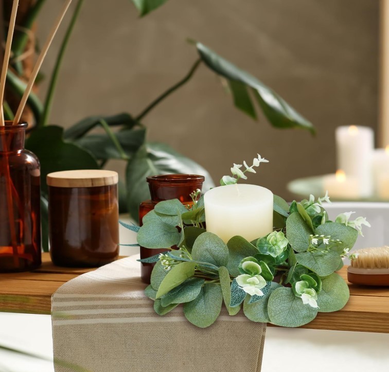 Artificial Eucalyptus Candle Rings – Set of 4 Greenery Wreaths for Holders