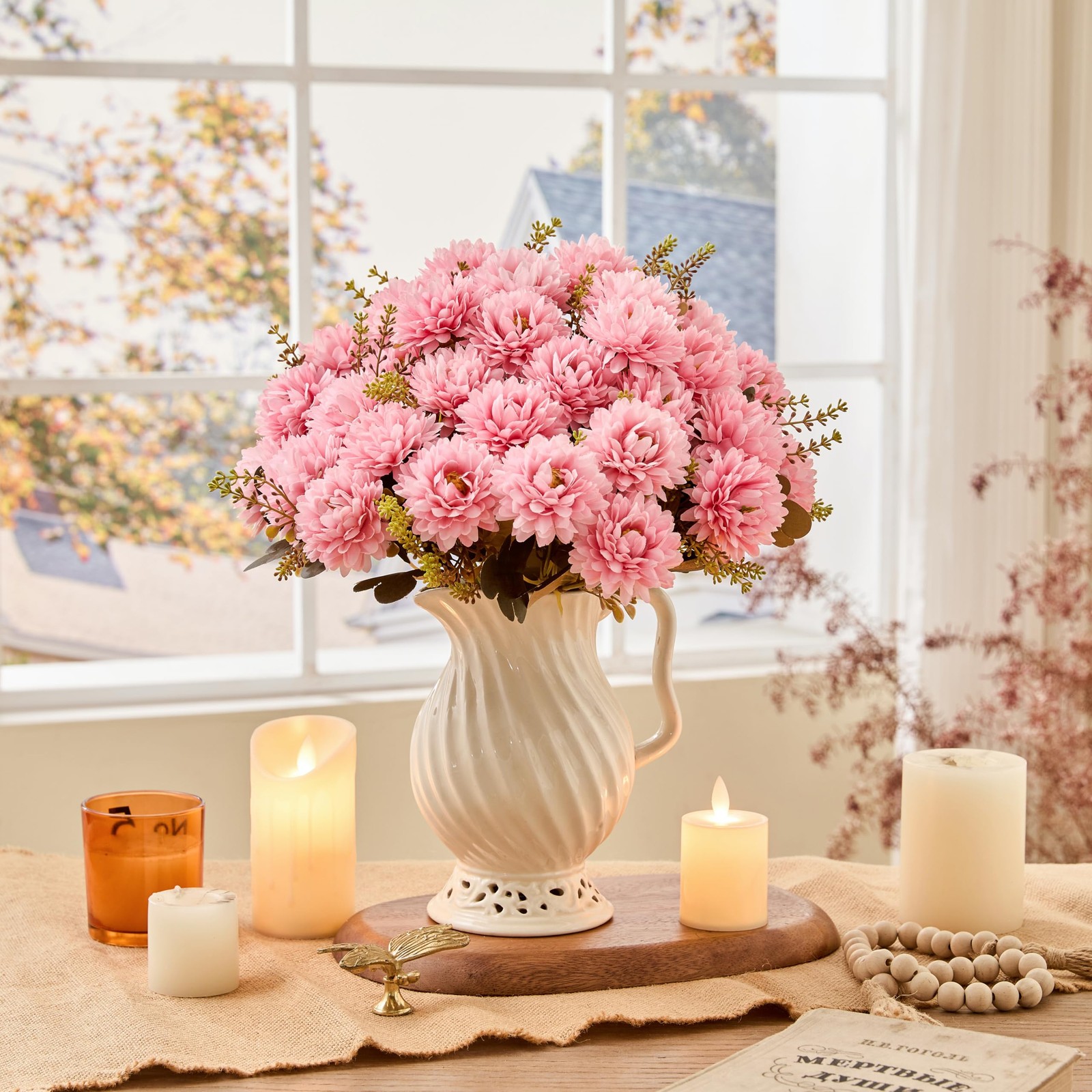 18 Heads Pink Artificial Chrysanthemum Flowers Fake Mums Pink Kiku Ball Flowe…