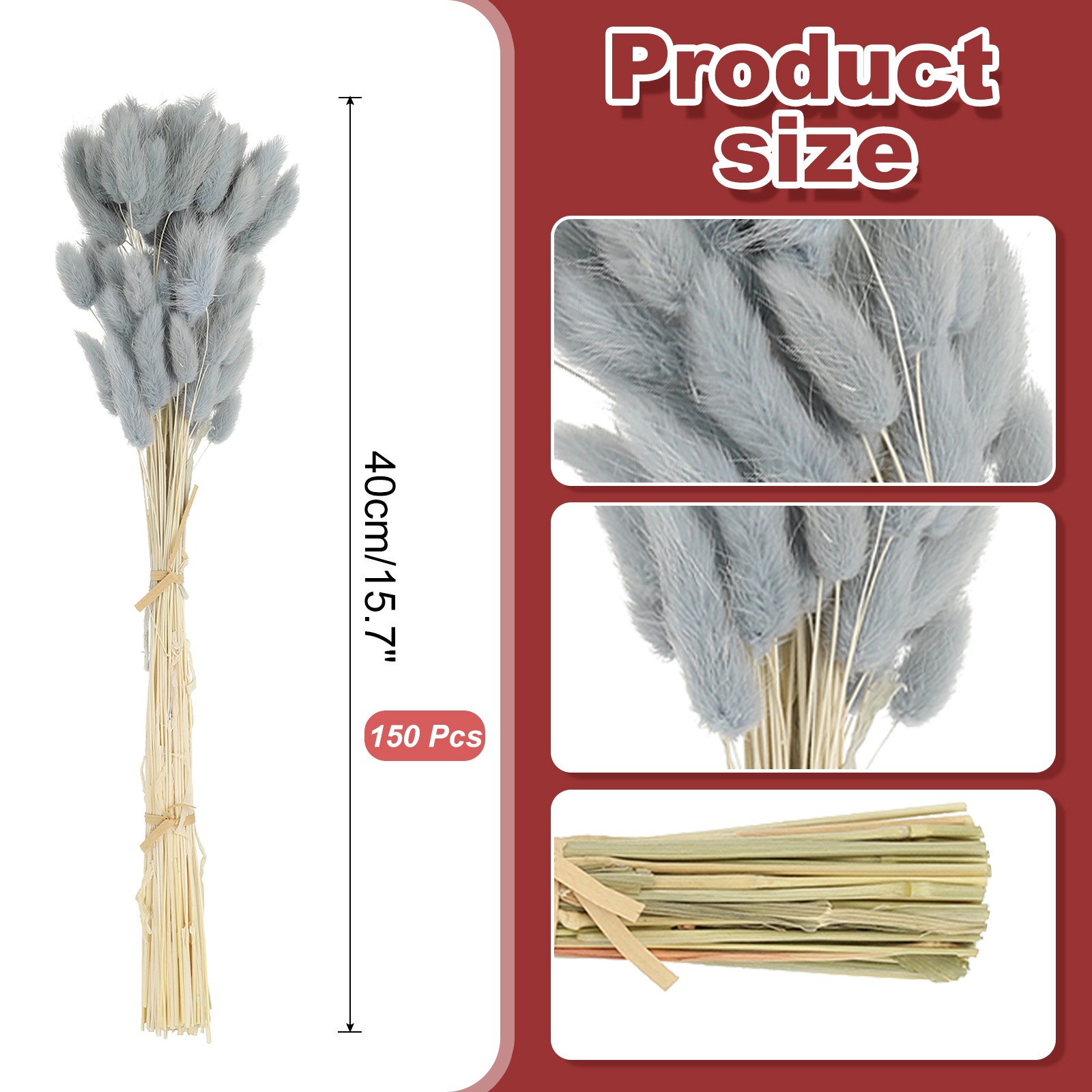 15.7in Bunny Tails Dried Flowers 150pcs Pampas Grass Decor, Gray Blue
