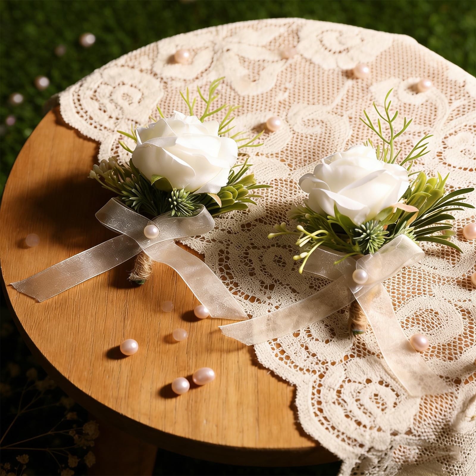 2pcs White Rose Boutonniere for Men Artificial Rose Flower for Wedding Flower…