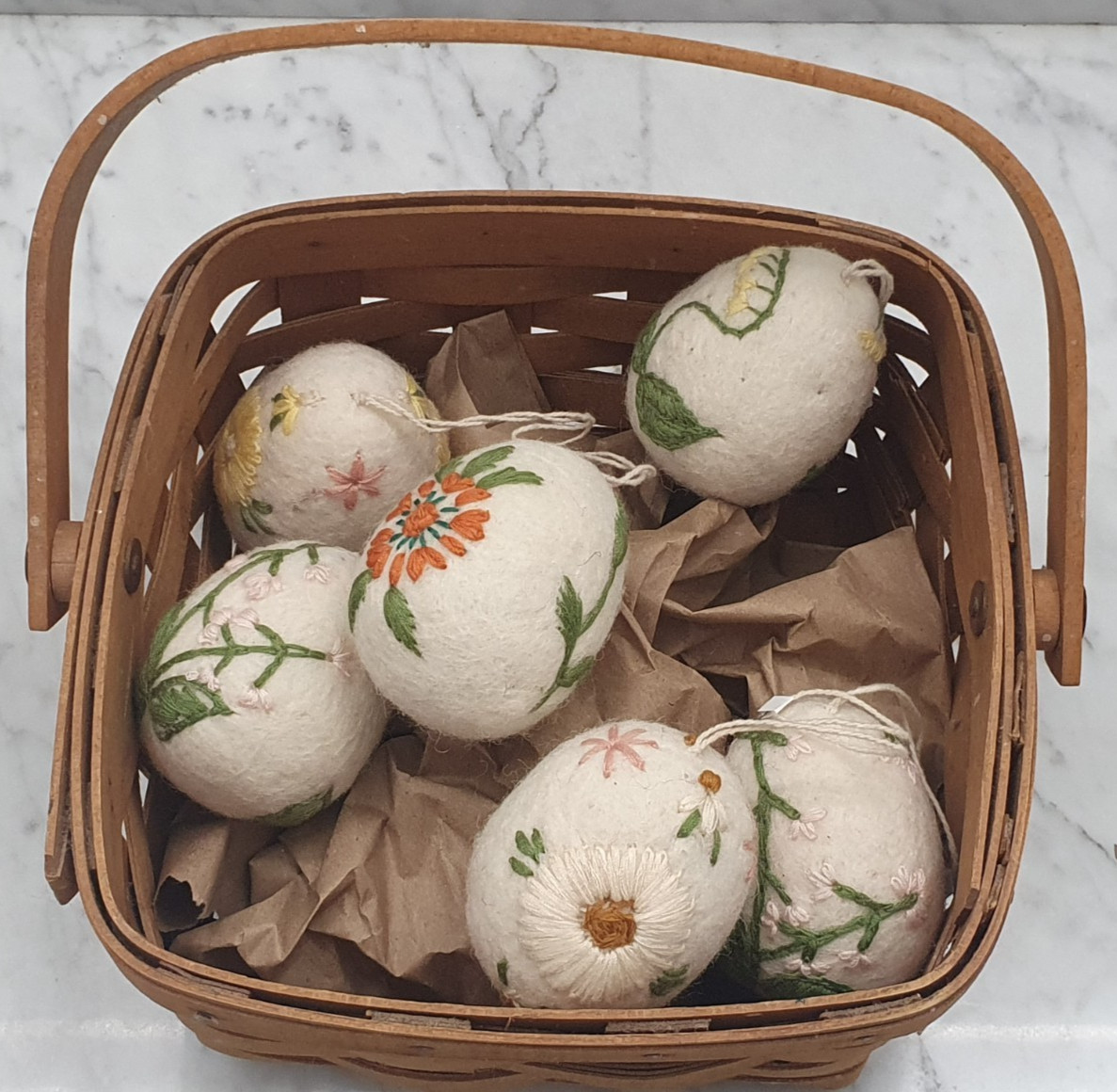 6 Cottage Core Farmhouse Chic Boiled Wool Eggs Embroidered Flowers Basket Decor