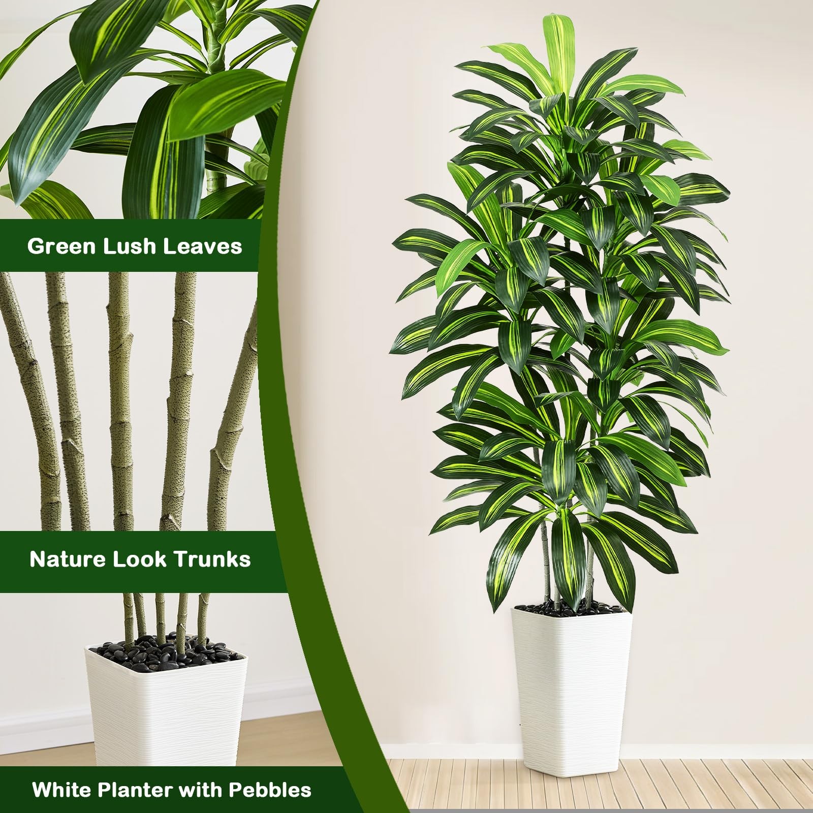 Artificial Dracaena Tree – 5FT Tall Fake Plants with White Tall Planter – Art…