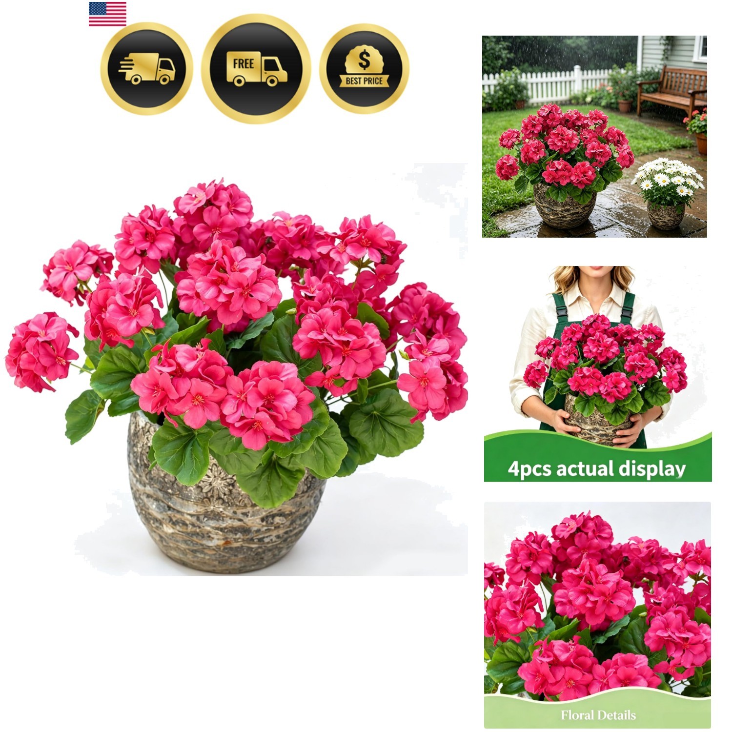 Artificial Geraniums Silk Flowers for Outdoors UV Resistant 4 Pack Hotpink