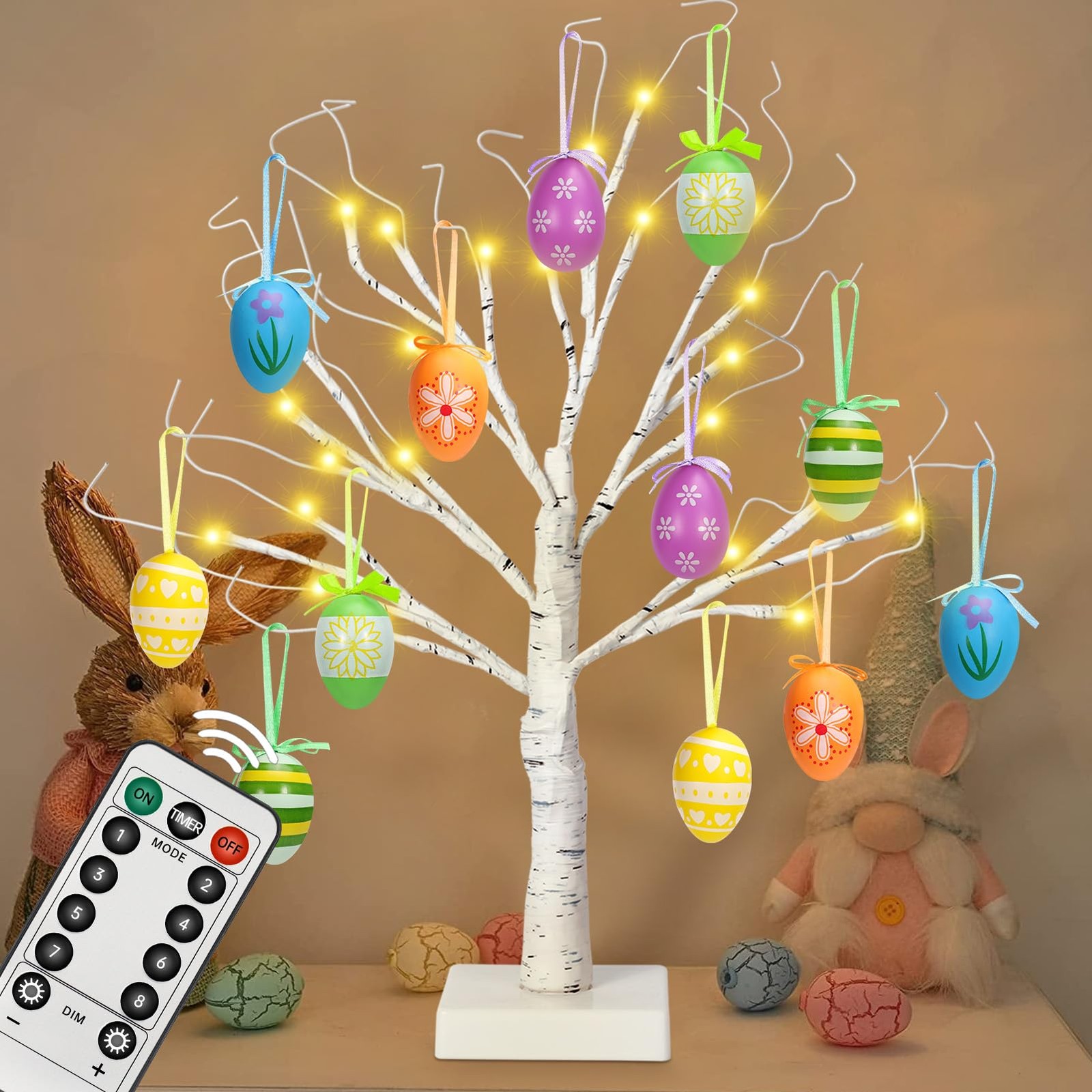 24″ Easter Lighted Birch Tree with 12pcs Ornaments,Warm White LEDs