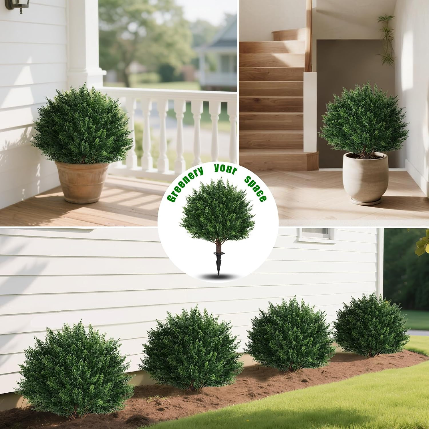 Yangrass Artificial Set of 4 Cedar Topiary Trees with Ground Spike, 4 Pack Artif