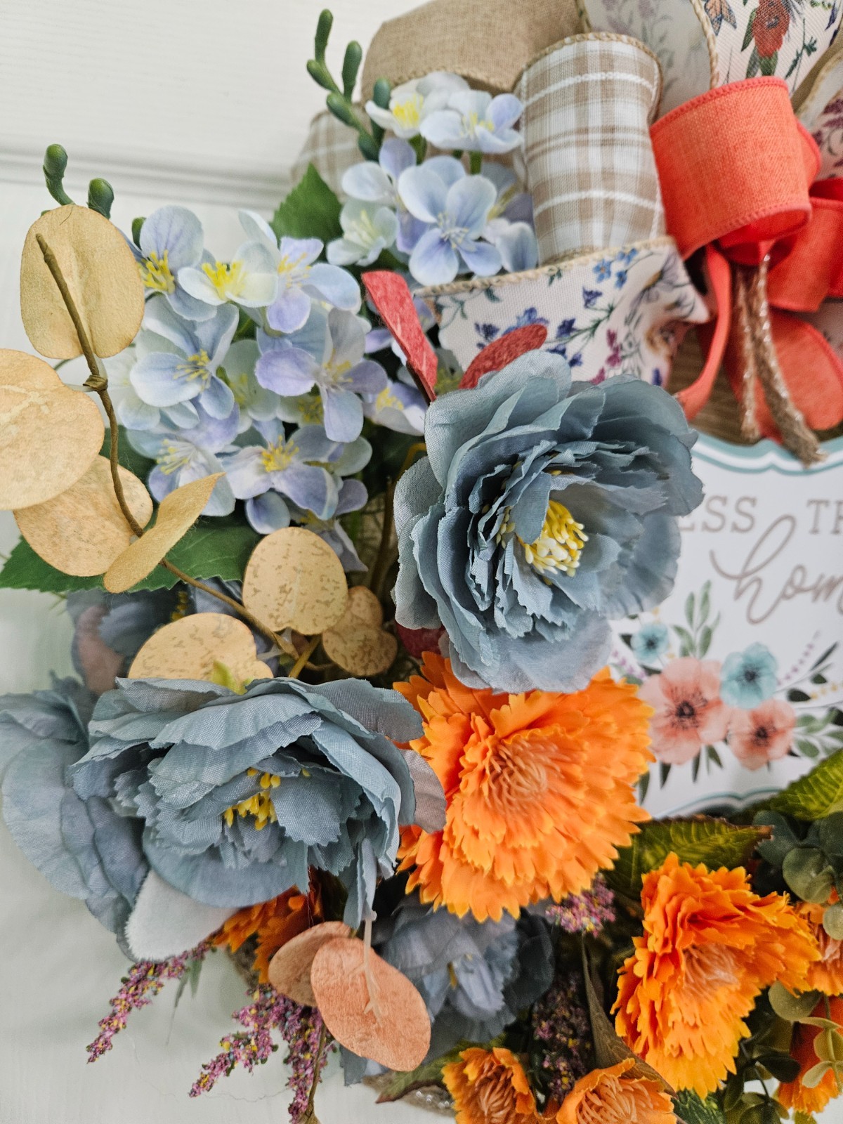 Fall Orange and Blue Blessing Basket Wreath, Faux Florals Flowers