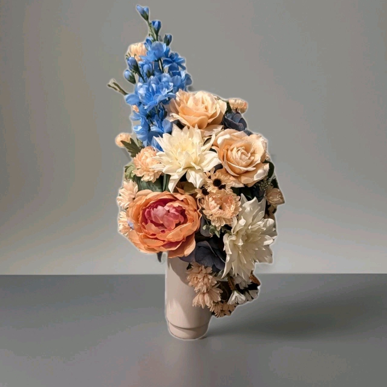 Handmade Artificial Flower Arrangement In Blue, Peach, Ivory