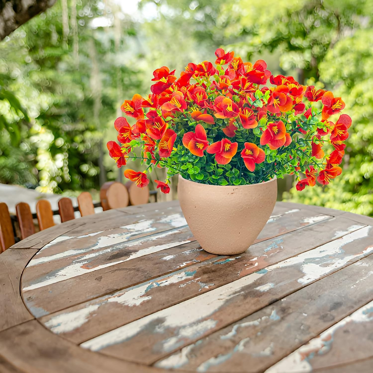 UV Resistant Faux Outdoor Flowers – 20 Bundles of Orange Red Shrubs