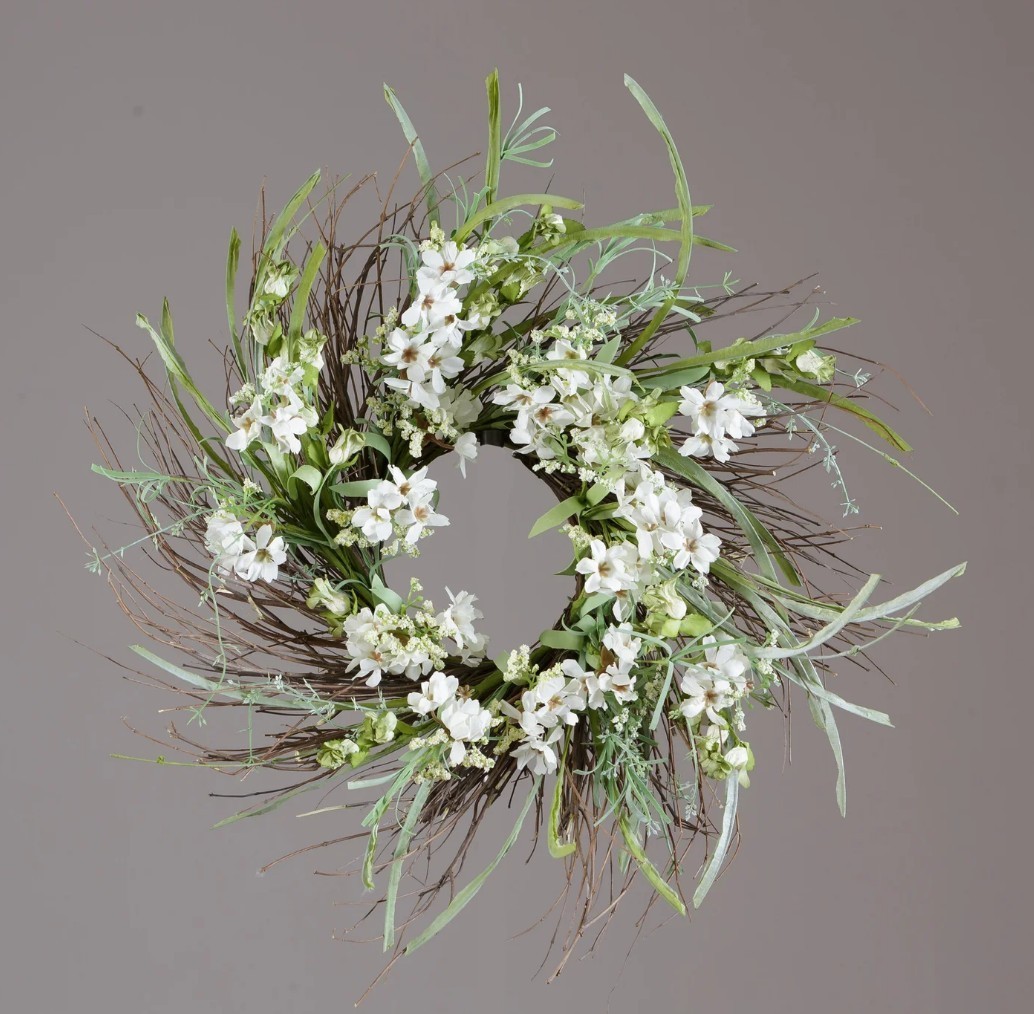 Floral Wreath 22 inch White Flowers Grapevine Twigs Artificial Greenery