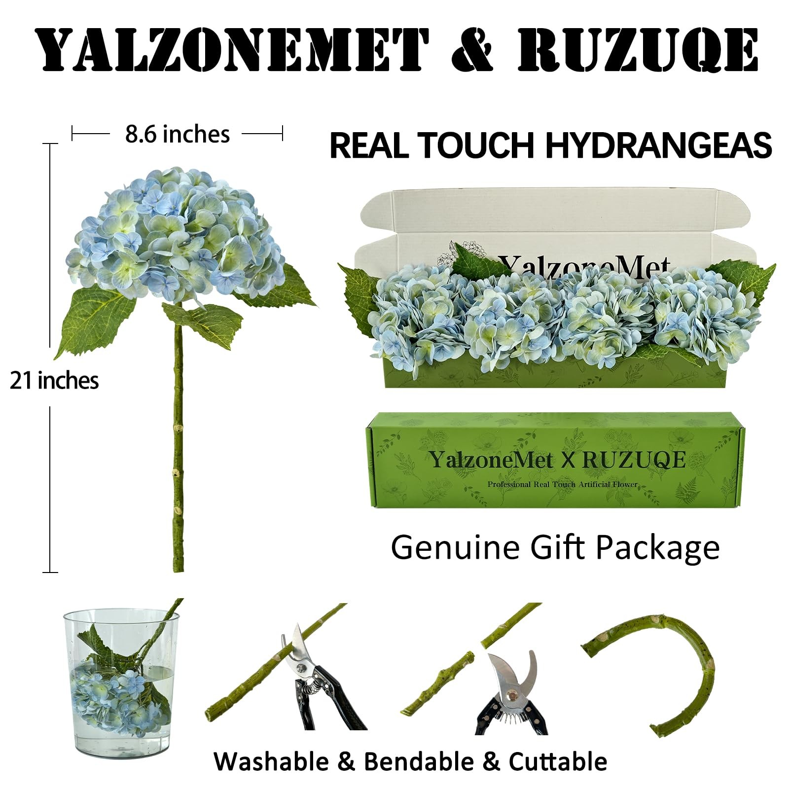 4Pcs Light Blue-Green Real Touch Hydrangea Artificial Flowers 21” Faux Latex…