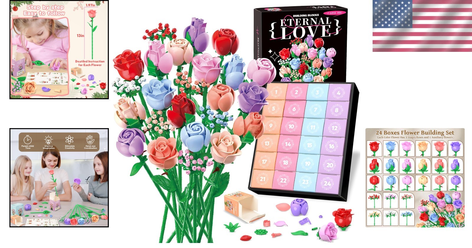 24Pcs Colorful Roses Flower Bouquet, Great Gift for Women