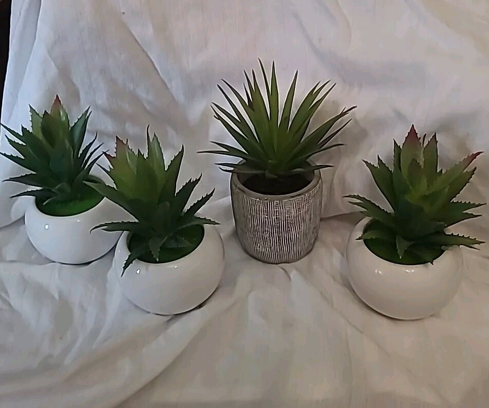 Set of 4 Decorative & Artificial Green Plants-White In Ceramic Pots W/baskets