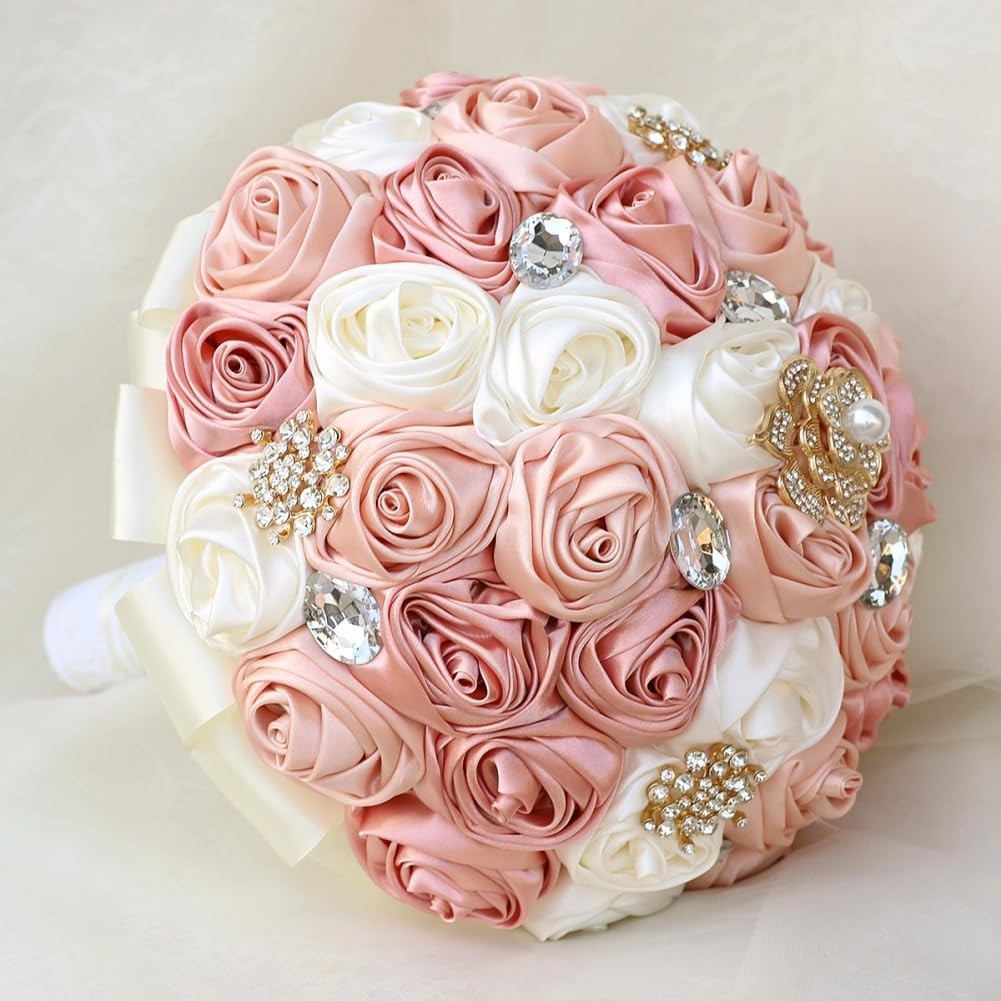 Blush Pink and Ivory Bridal Wedding Bouquet with Gold Brooch Bling Rhinestone…