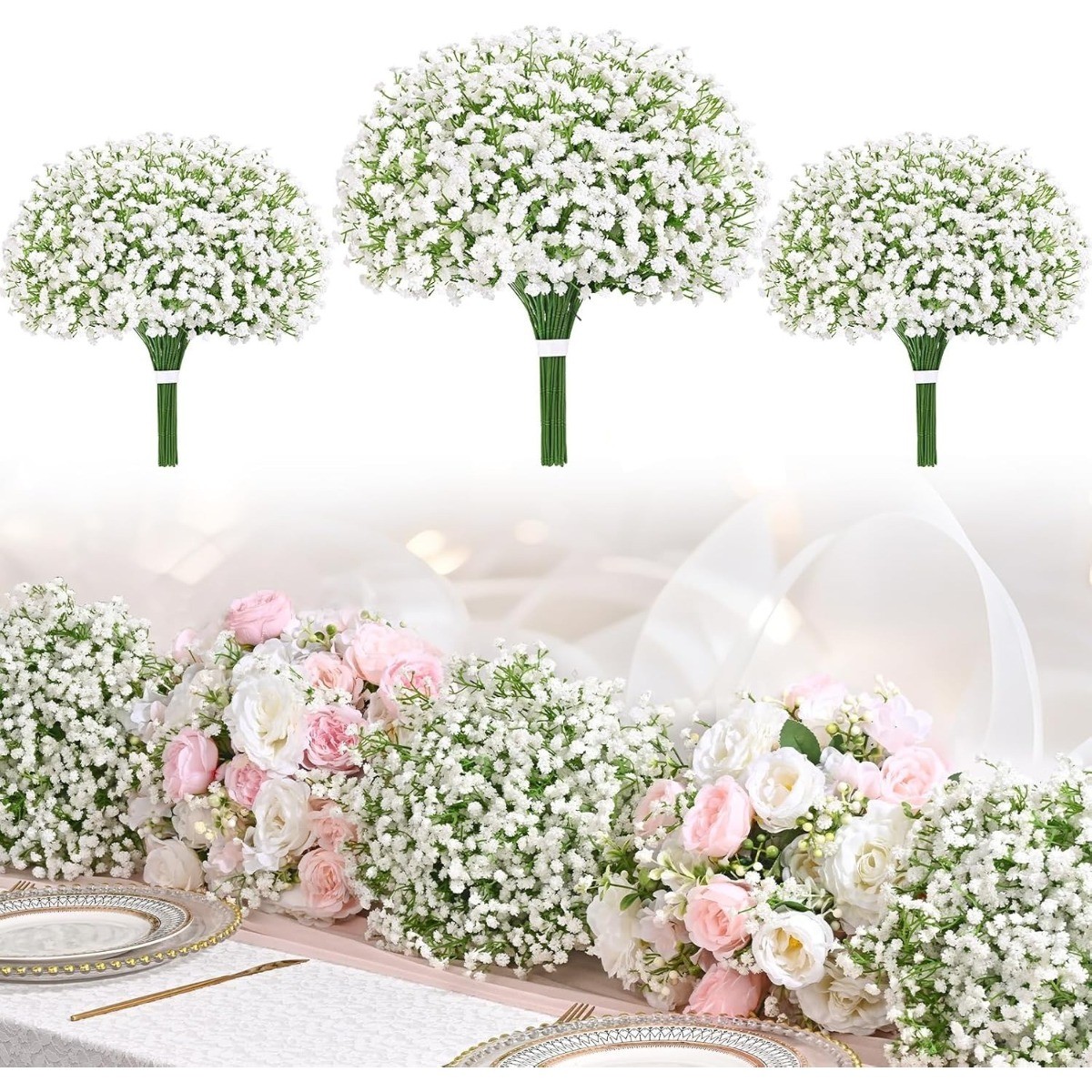 52PCS Baby Breath Artificial Flowers White Real Touch Gypsophila Bouquet Decor