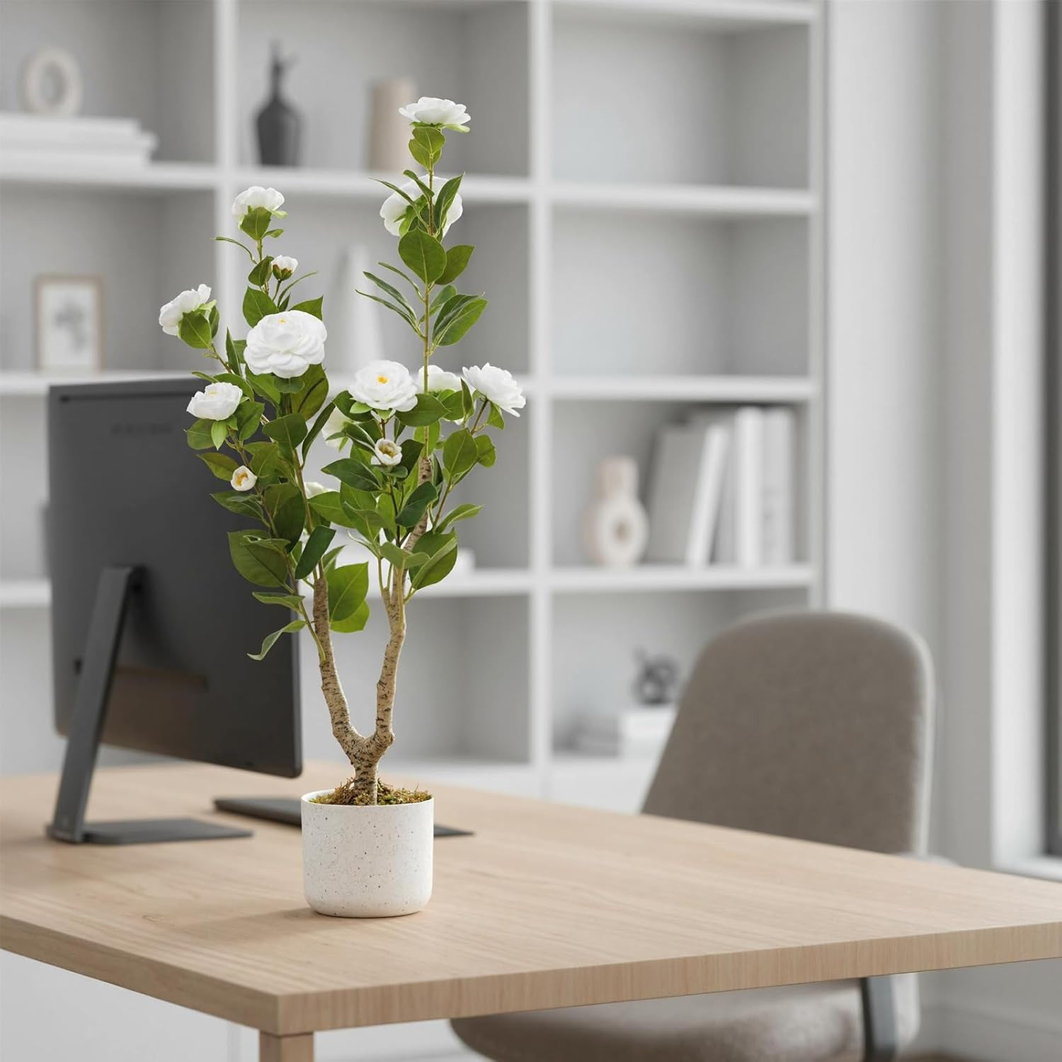 3FT Faux Camellia Tree in Pot – Realistic Indoor/Outdoor Decor with White Flower