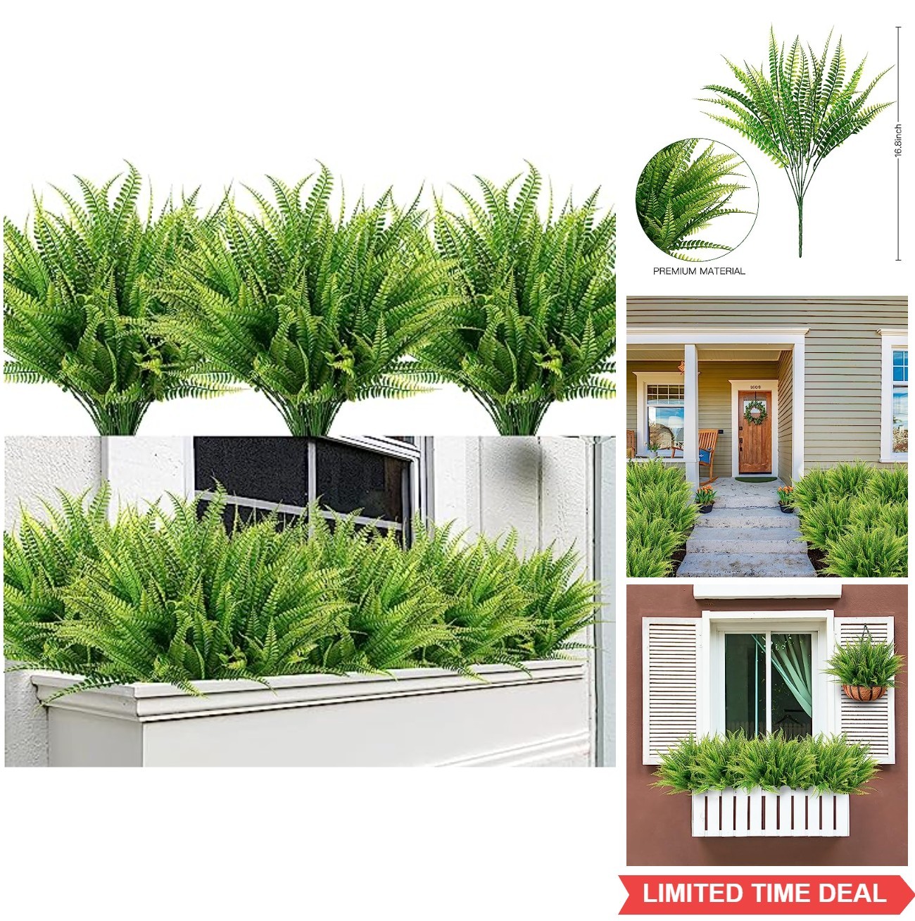 Artificial Boston Fern Plants 12 Bundles Fake Bushes UV Resistant Plastic