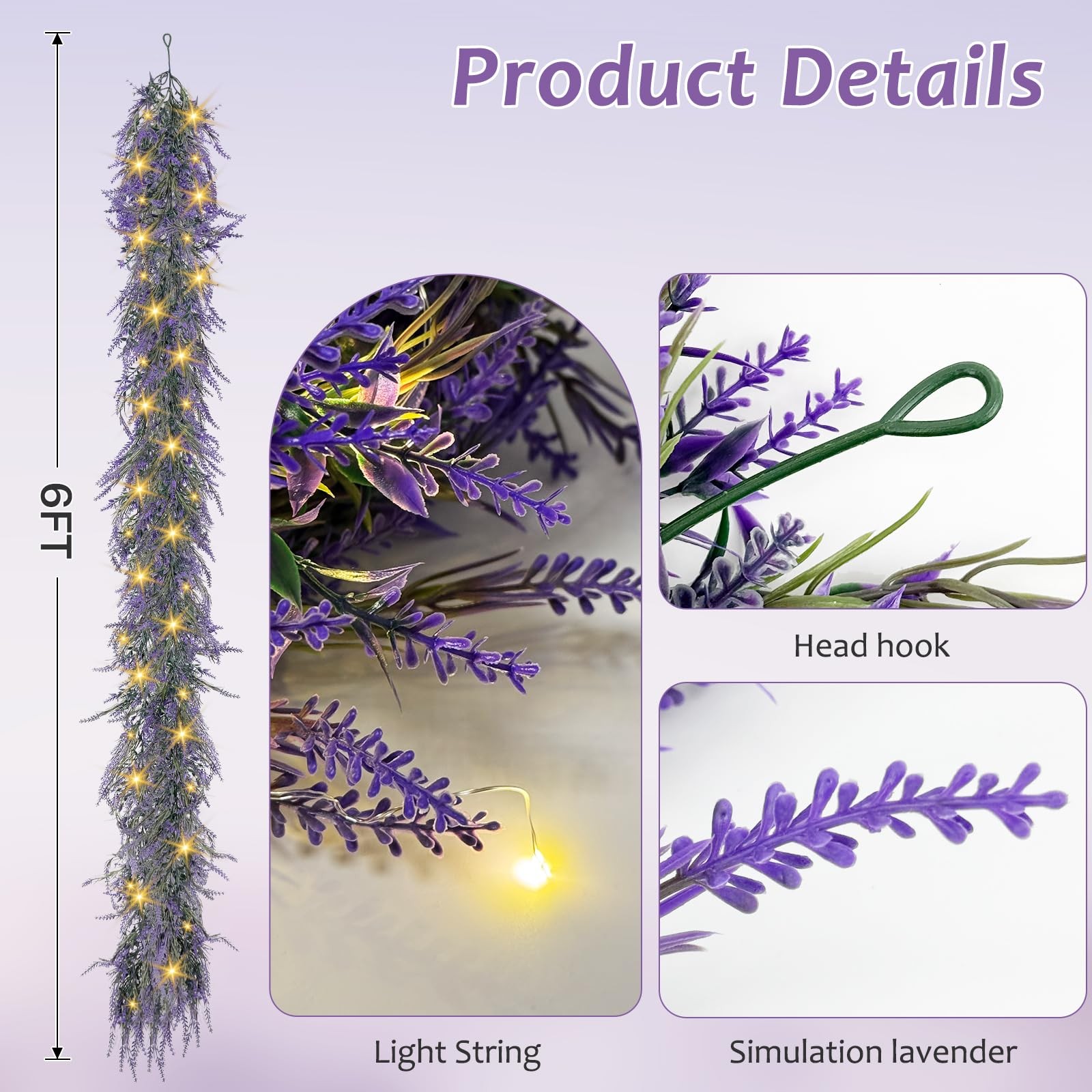 Lavender Garland with Lights, 1Pcs 6FT Purple Flower Garland, Artificial Spri…