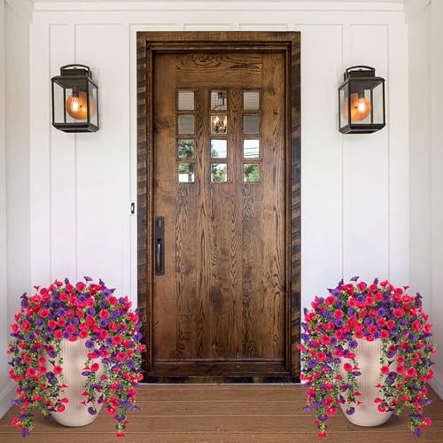 Artificial Hanging Flowers for Outdoor, 2pcs Fake Plants Hot Pink Dark Purple