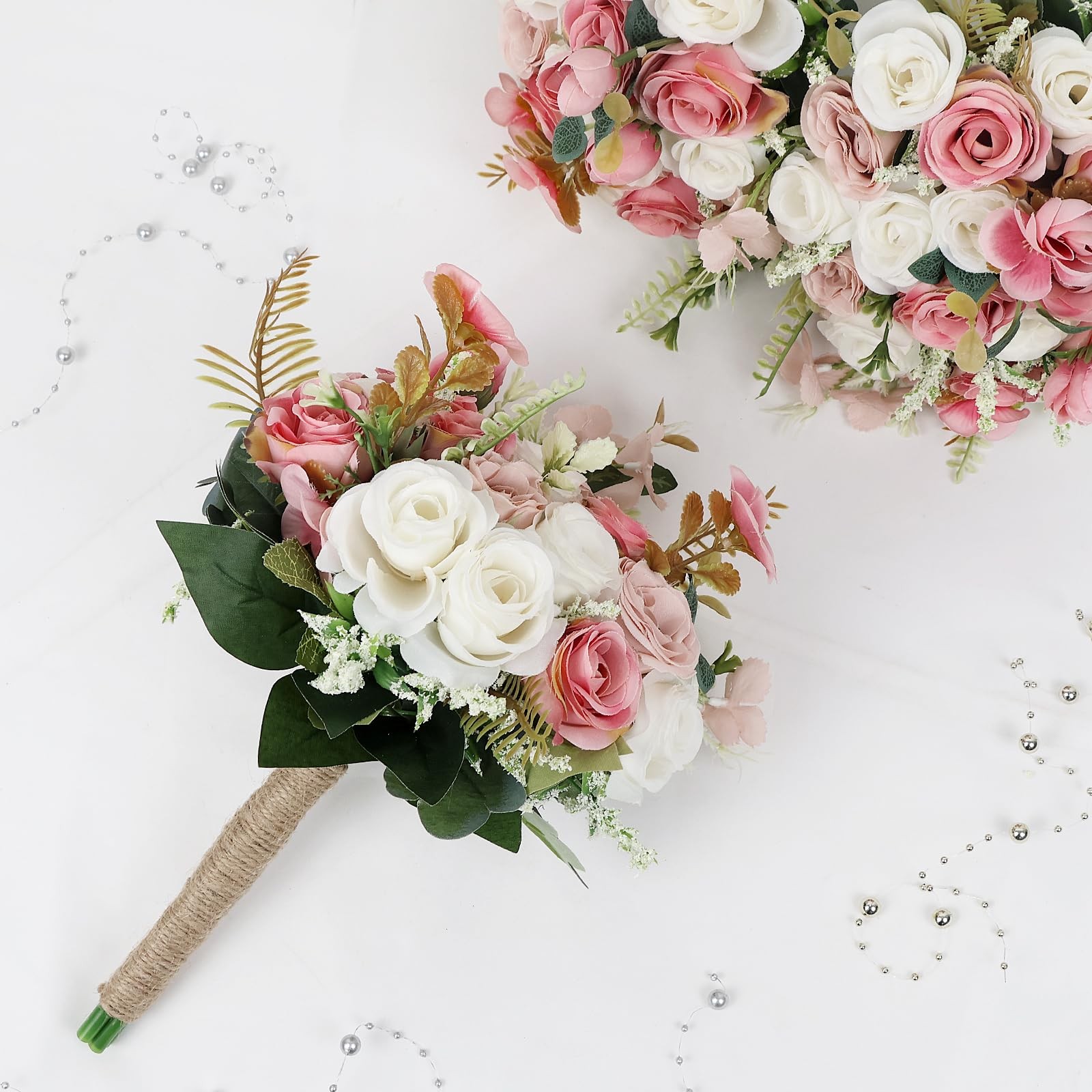 2 PCS 7 Inch Ivory Dusty Pink White Artificial Bridesmaid Wedding Bouquet
