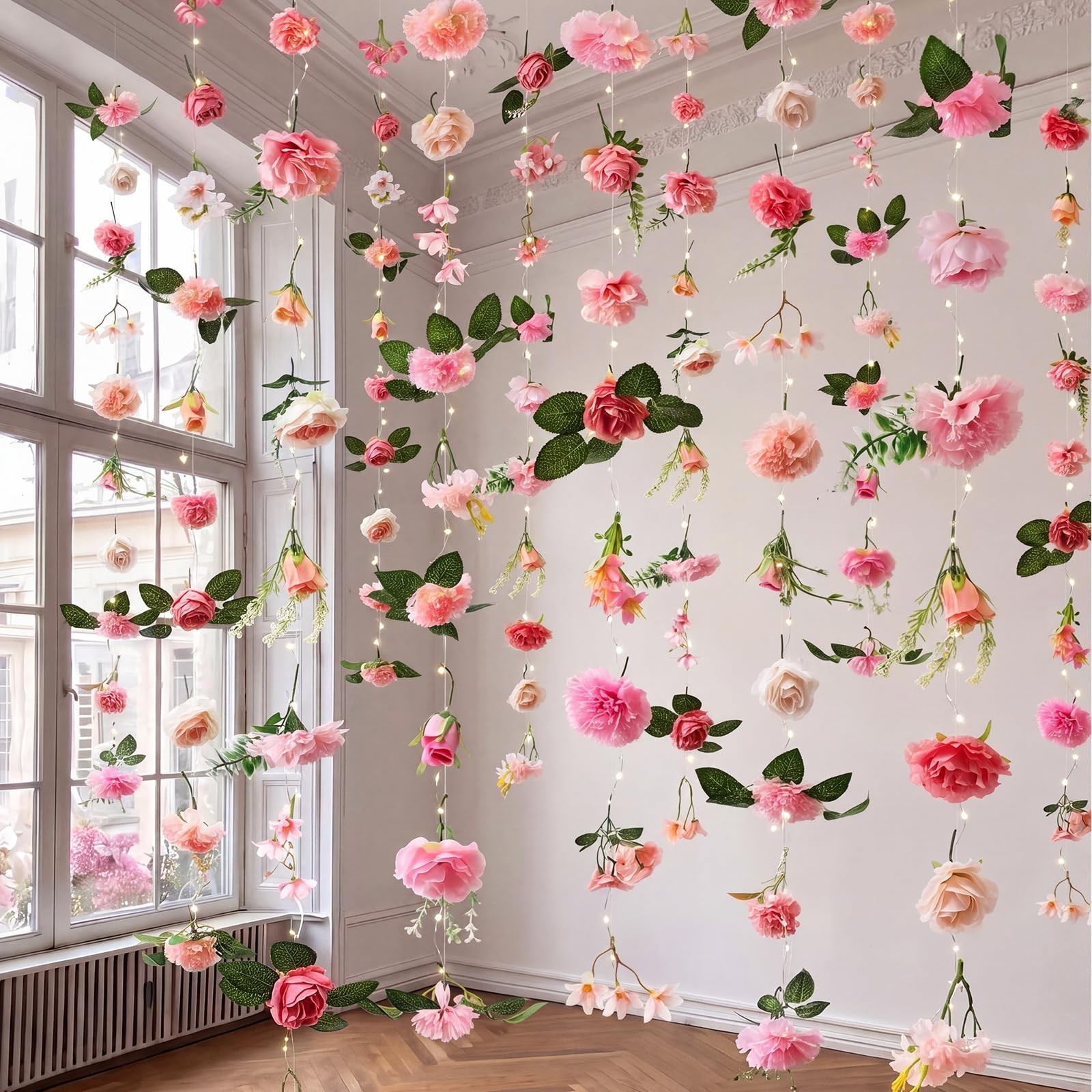 6 Pack 35.4ft Fake Flower Garland Backdrop with Lights Hanging Wildflower Flo…