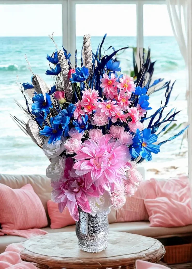 Blue & Pink Centerpiece Modern Chic Living Dining Room Decor Bedroom Accent