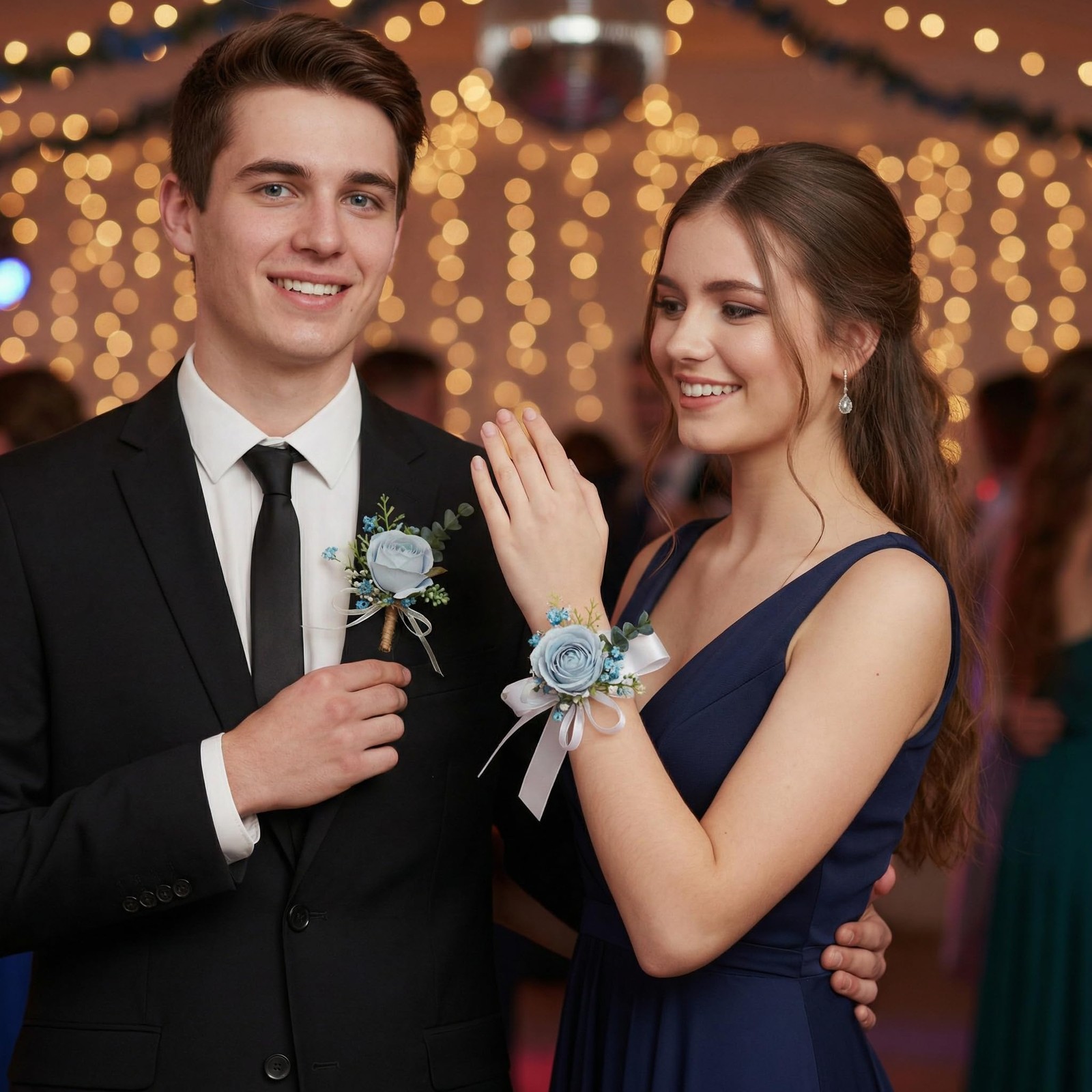 Blue Faux Pearl Wrist Corsage Boutonniere Set Prom Wedding Graduation