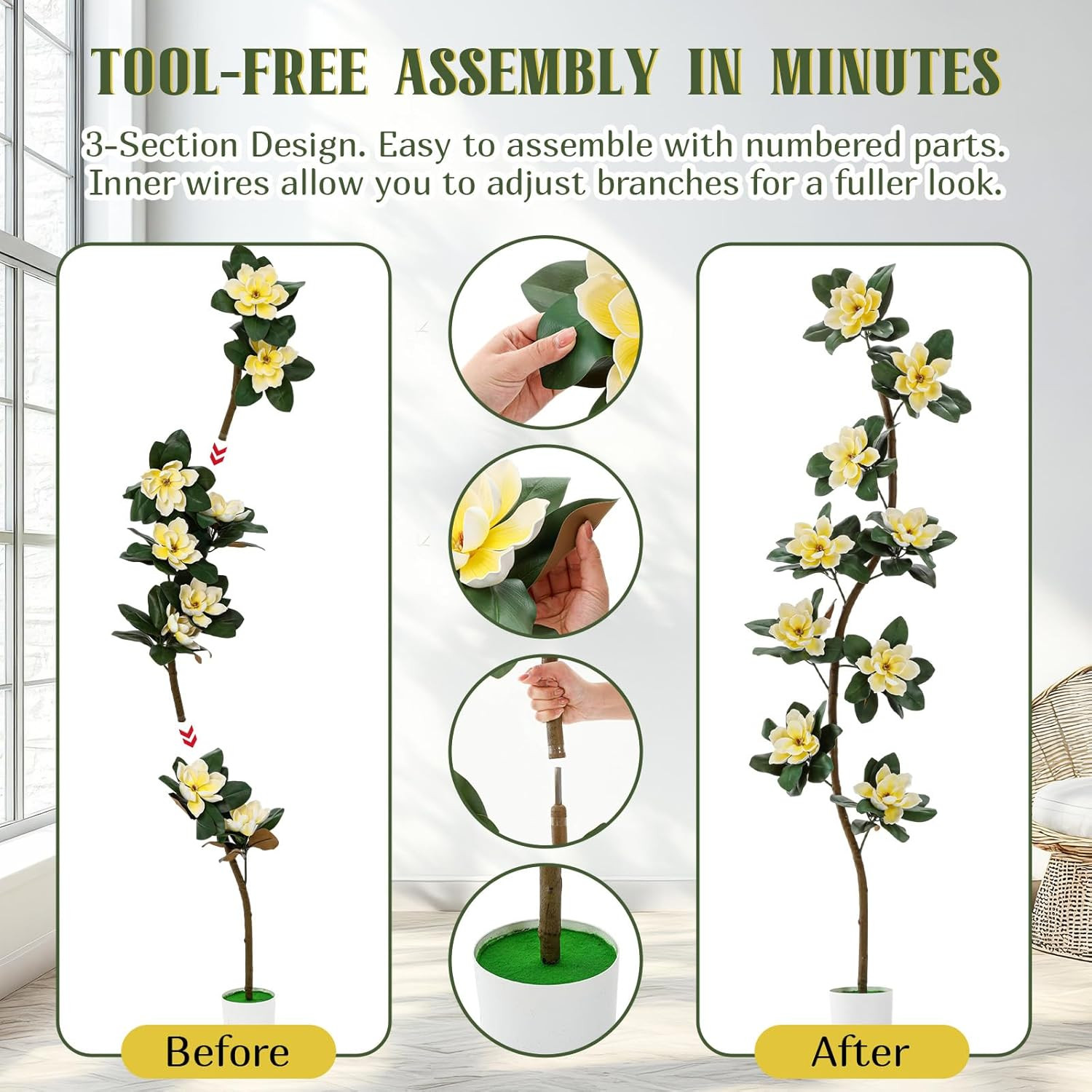 7 Ft Faux Rubber Tree with Magnolia Flowers for Indoor Decor