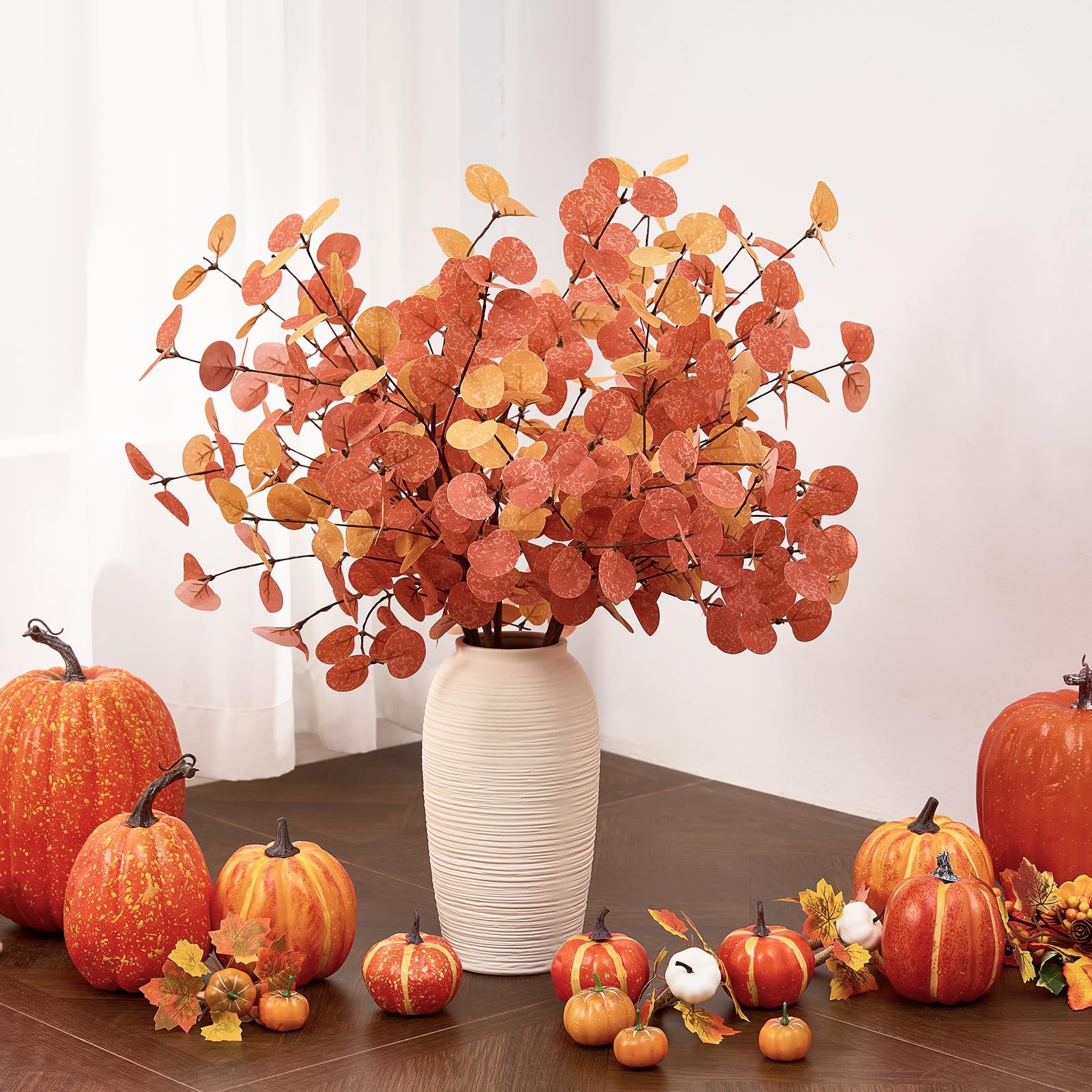 6 PCS Orange Artificial Fall Flowers Stems Autumn Decor, Fake Eucalyptus Leav…