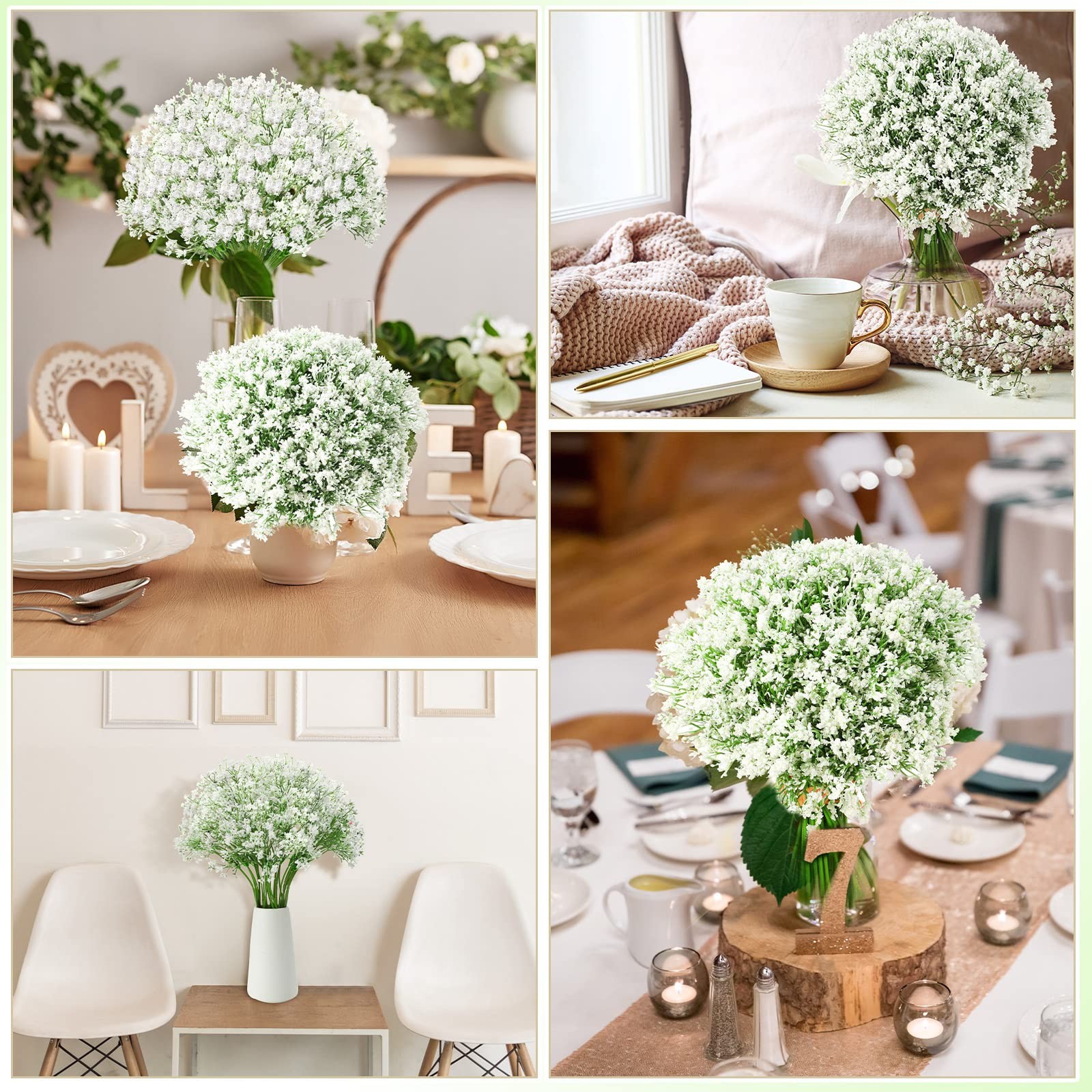 100 Pieces Artificial Flowers Plastic Baby Breath, White Faux Gypsophila Decor