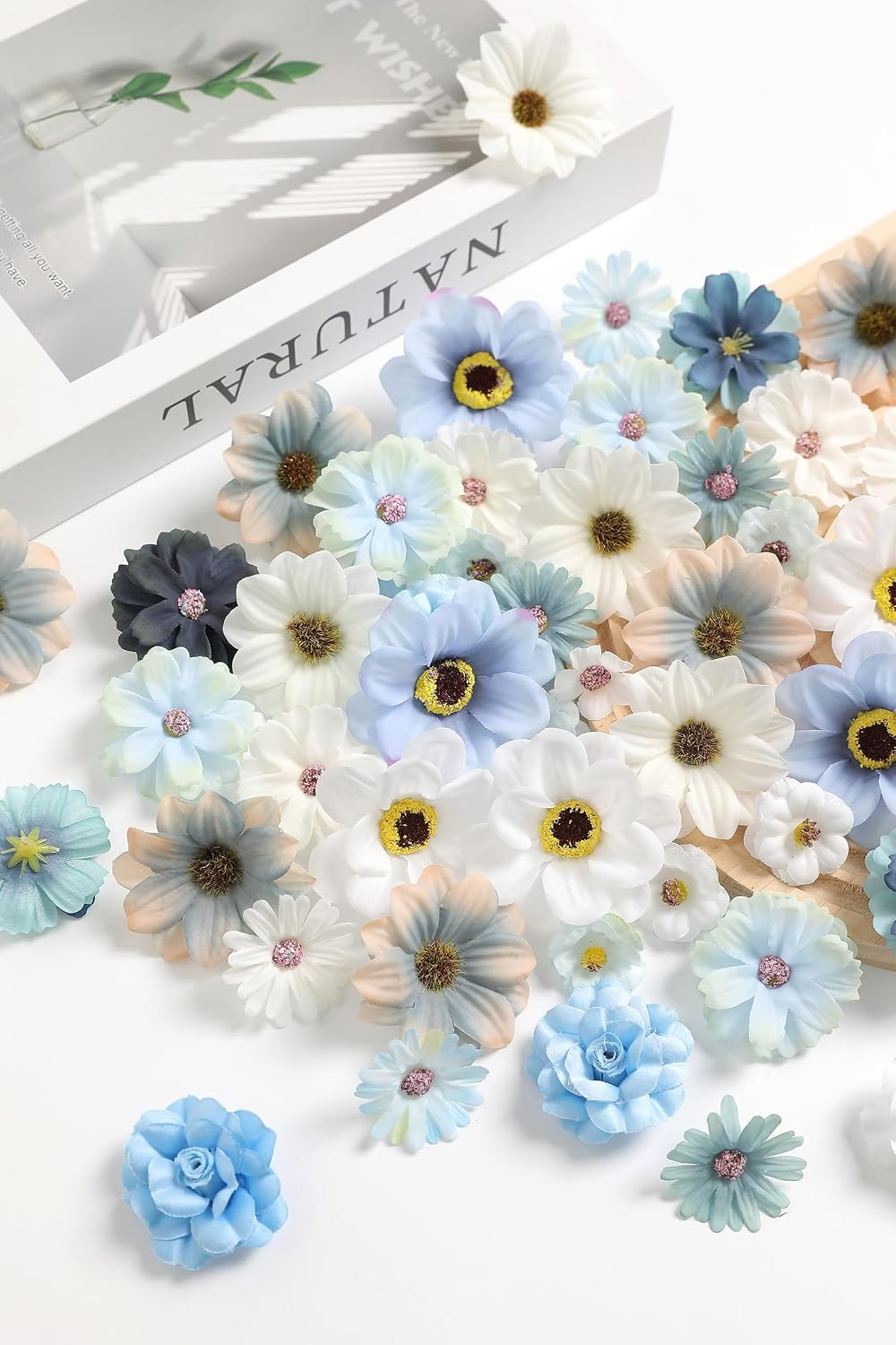 90 Pcs Mini Artificial Silk Flower Heads – Blue Peony, Daisy, Rose Floral Appliq