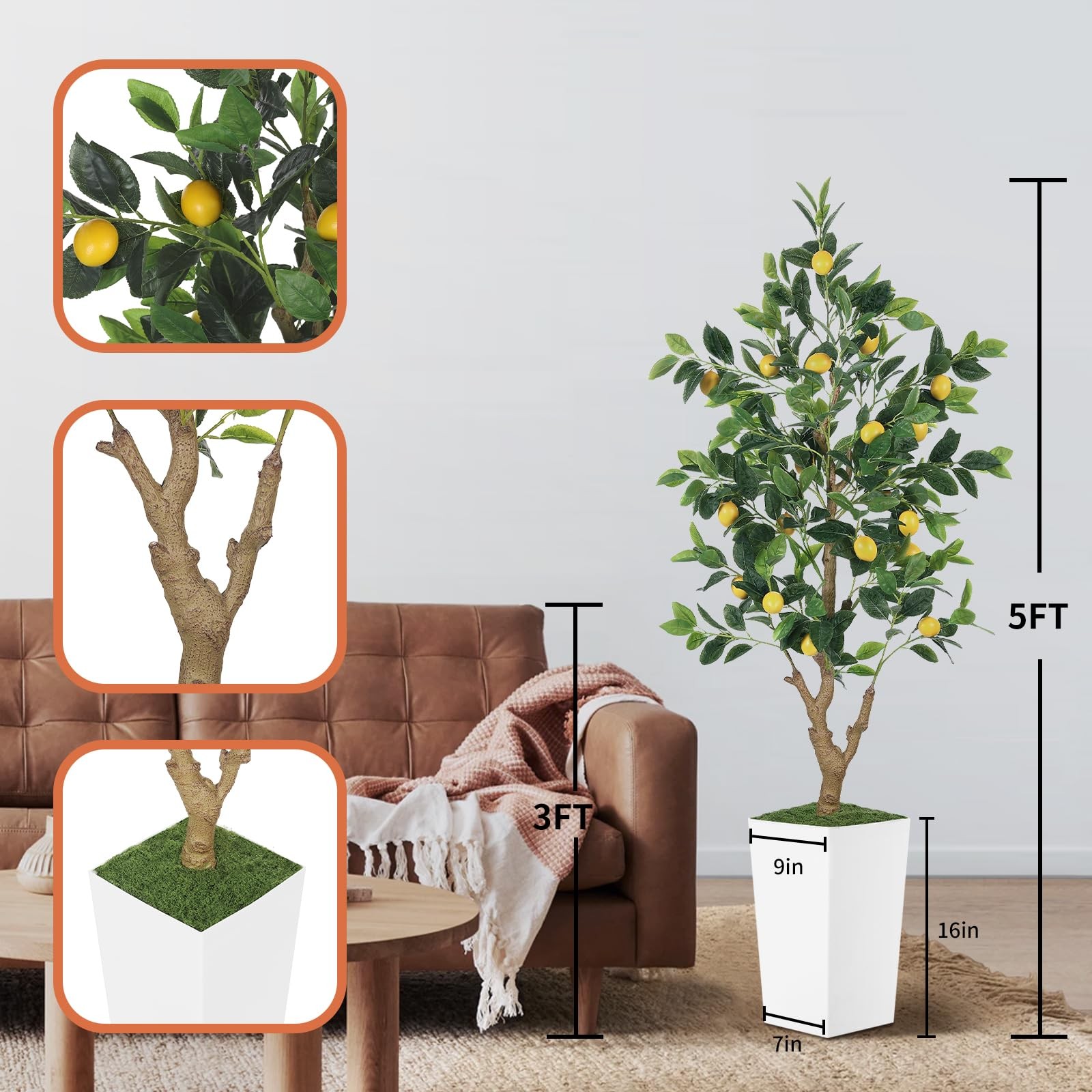 5FT Artificial Lemon Tree with Pot – 60″ Fake Lemon Tree with White Tall Plan…