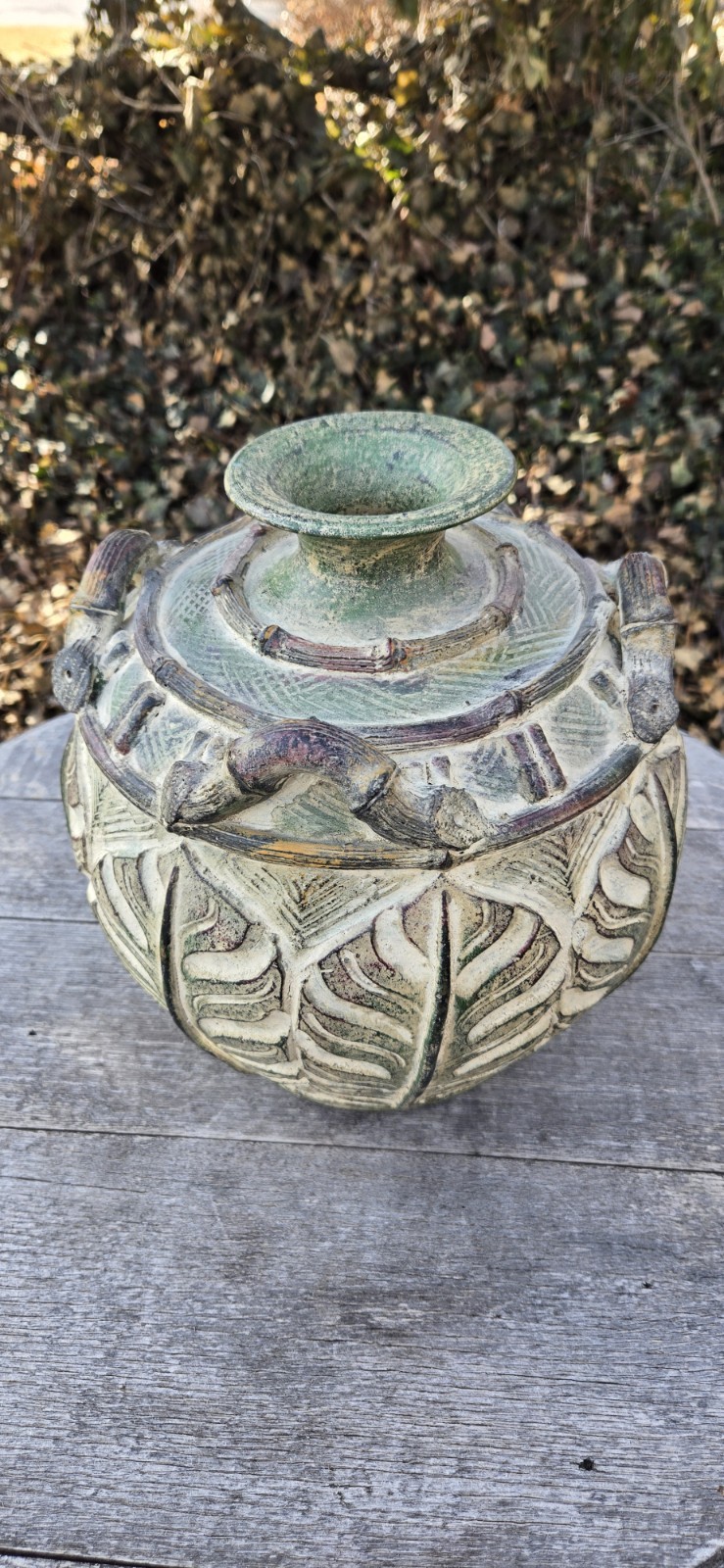 Rustic Urn Vase Earthenware Pottery Botanical Leaf Handles 12″T Brownish Green