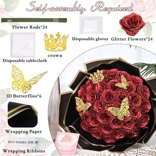 DIY Glitter Roses Bouquet 24 Pcs Red Artificial Silk Flowers for Birthday