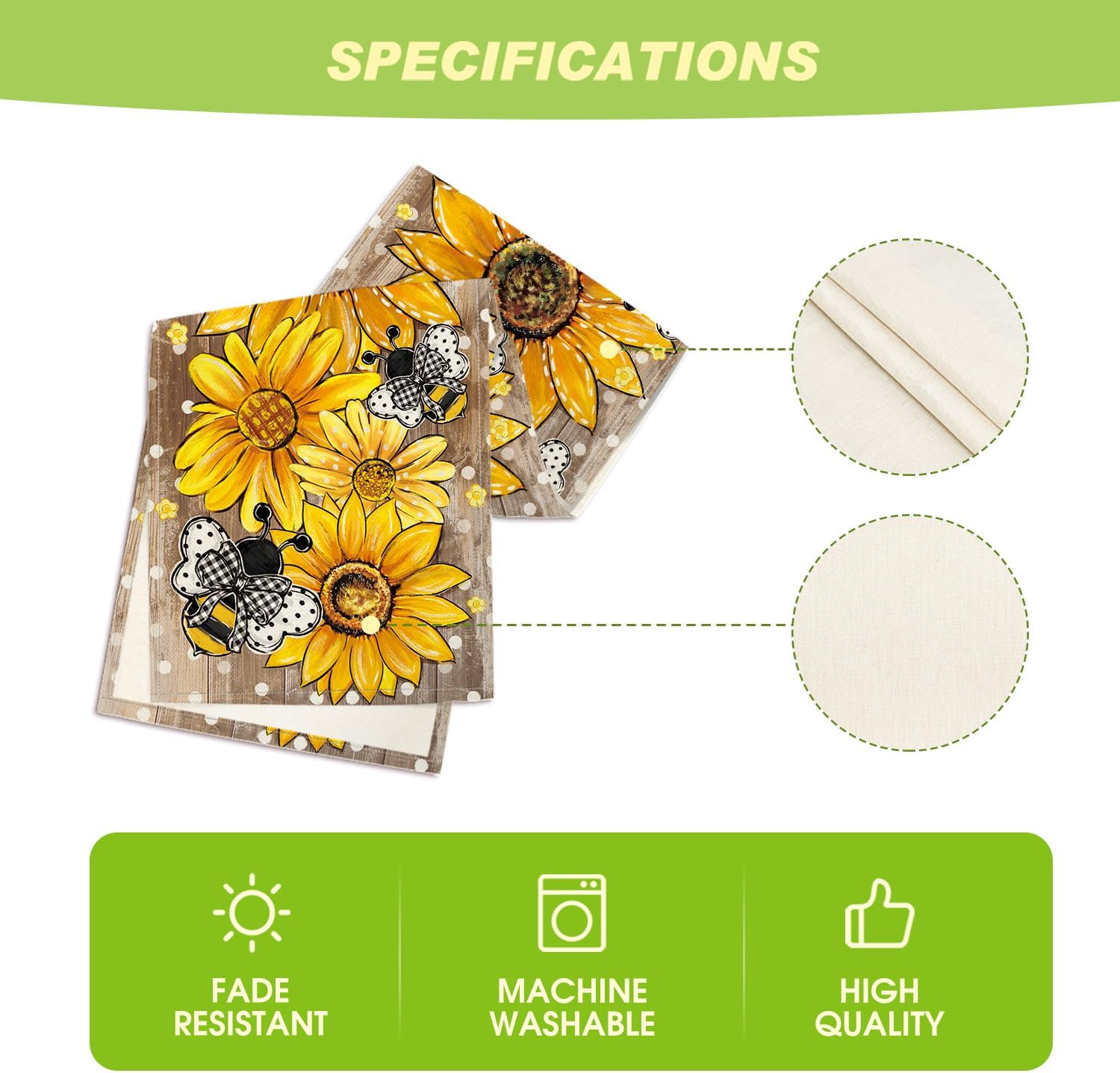Wood Sunflower Bee Flower Polka Dot Summer Table Runner, Seasonal Kitchen Dining