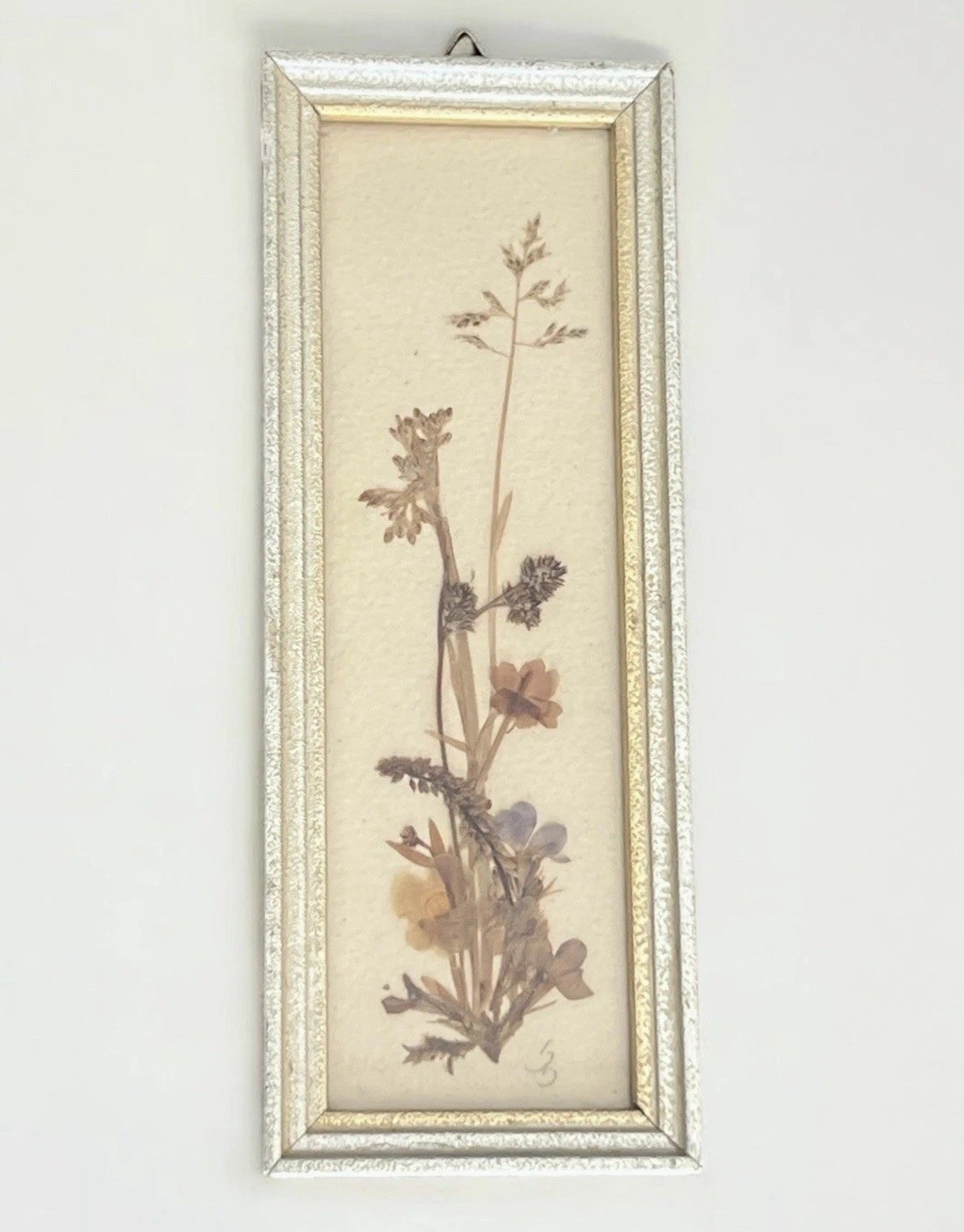 Vintage Pressed Flower Framed Art East Germany 7.5”x2.75” Cottage Core Signed