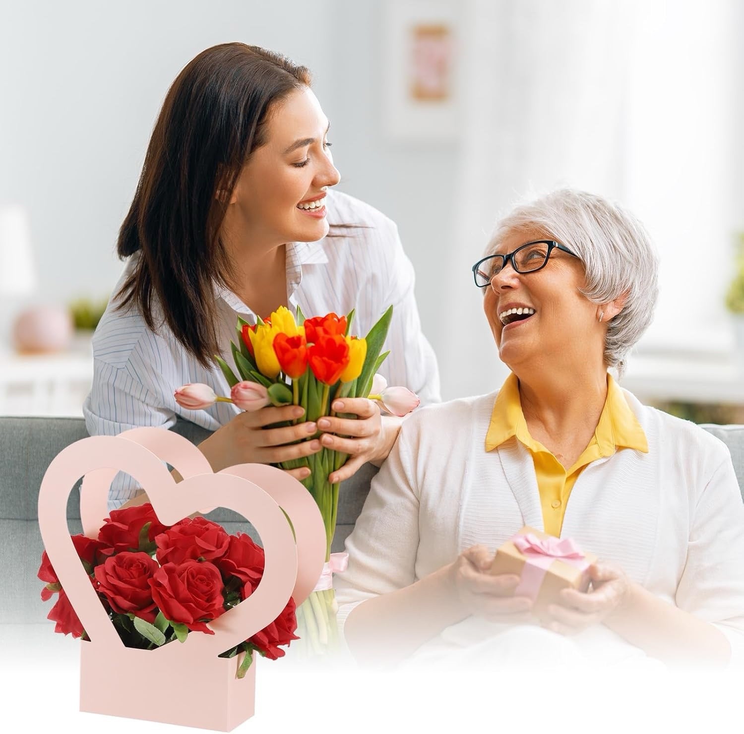 12 Pink Heart Shaped Flower Boxes, Bouquet Gift Bag + Handle Centerpiece Decor