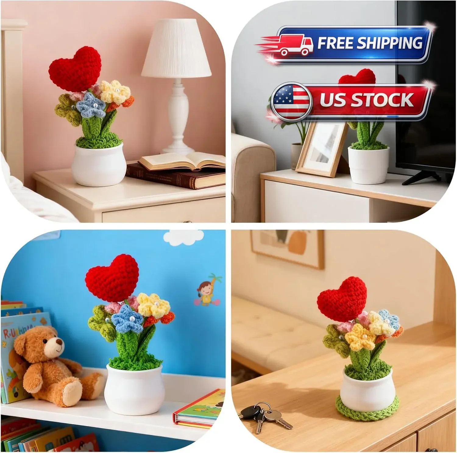 Crochet Flowers Red Roses Mini Potted, Handmade Red Rose Anniversary Appreciatio