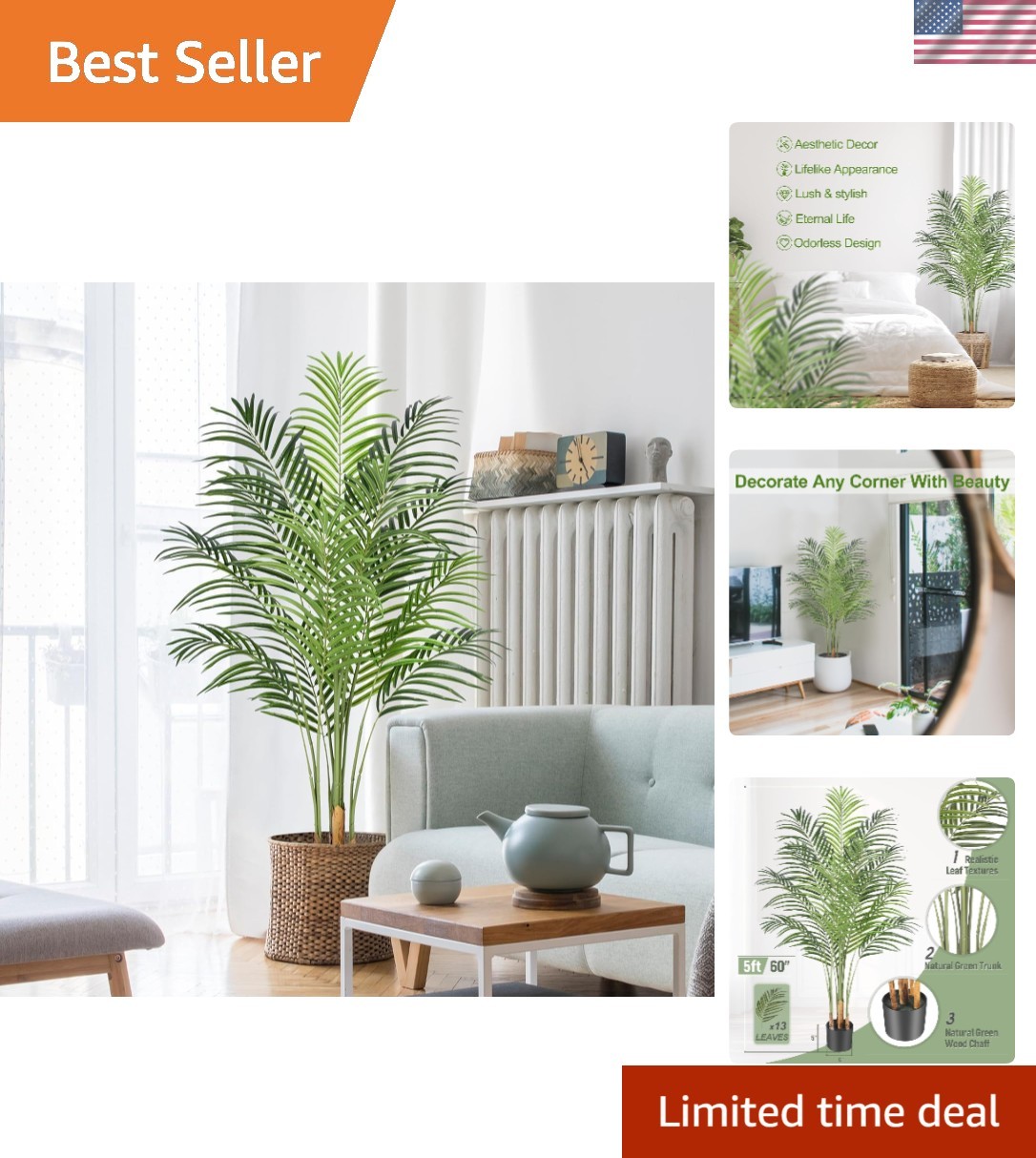 Lush 5ft Artificial Palm Tree in Pot – Perfect for Farmhouse & Modern Spaces