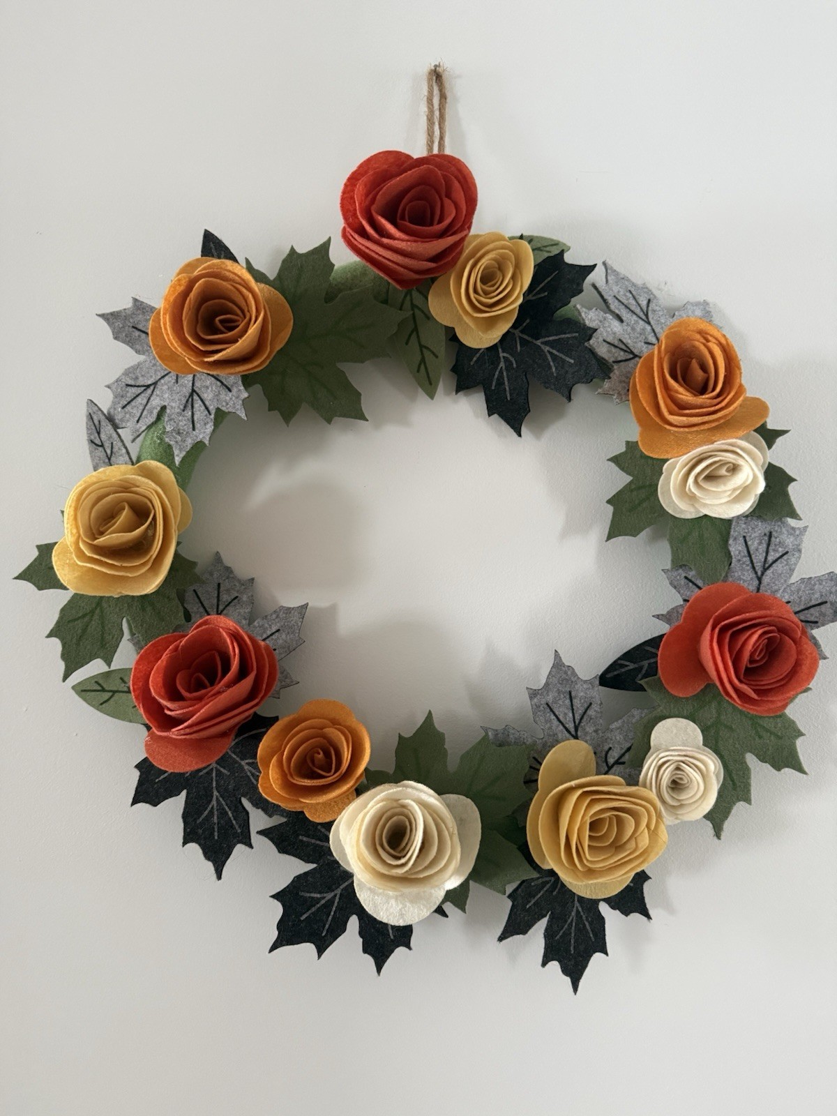 Handmade Felt Roses & Leaves Wreath Approx 18” Round Orange Yellow Peach Greens