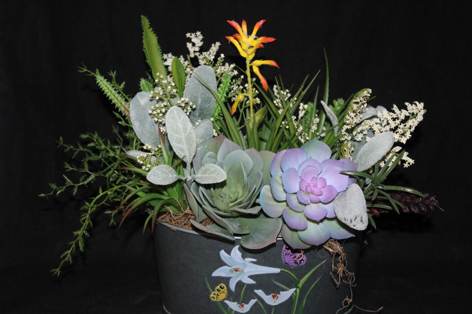 Mixed Artificial Succulent Arrangement in Garden Metal Planter