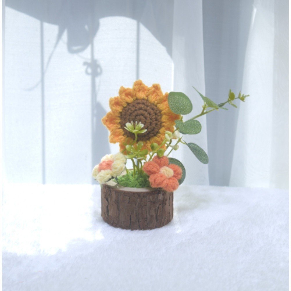 Sunflower Potbouquet Plastic Silk Flower Hand Knitted Home Decor 12x7cm