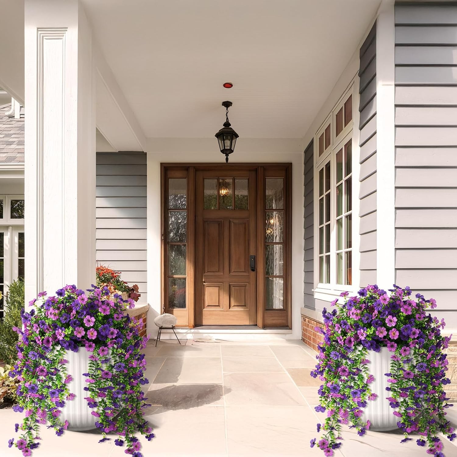 Versatile Faux Hanging Plants for Indoor/Outdoor Use – Set of 2, Double Purple