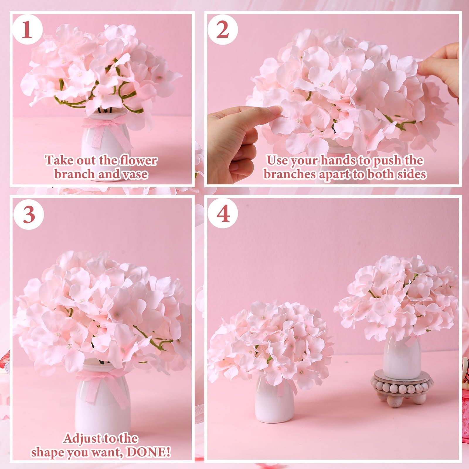 2 Set Artificial Hydrangea Flowers with Glass Vase Faux Silk Hydrangeas Flowe…