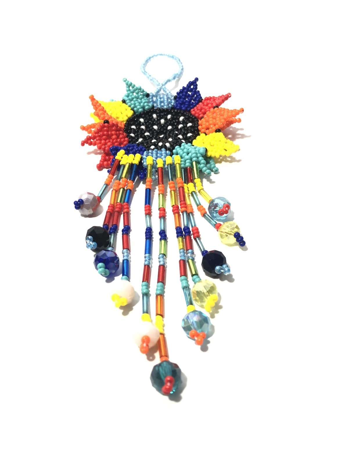Hand Made Beaded Colorful Mexican Sunflower 5” Seed Bead Dangle Charm Ornament.