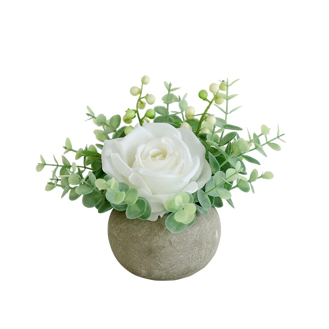 Small Artificial White Rose Potted Plant 6 Inch Fake Silk Flower 3.5 Inch Pot