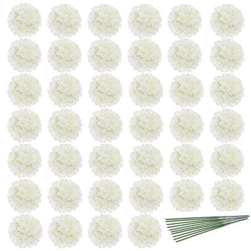 40pcs Artificial Hydrangea Silk Flower Heads with Stems, Fake Plastic White