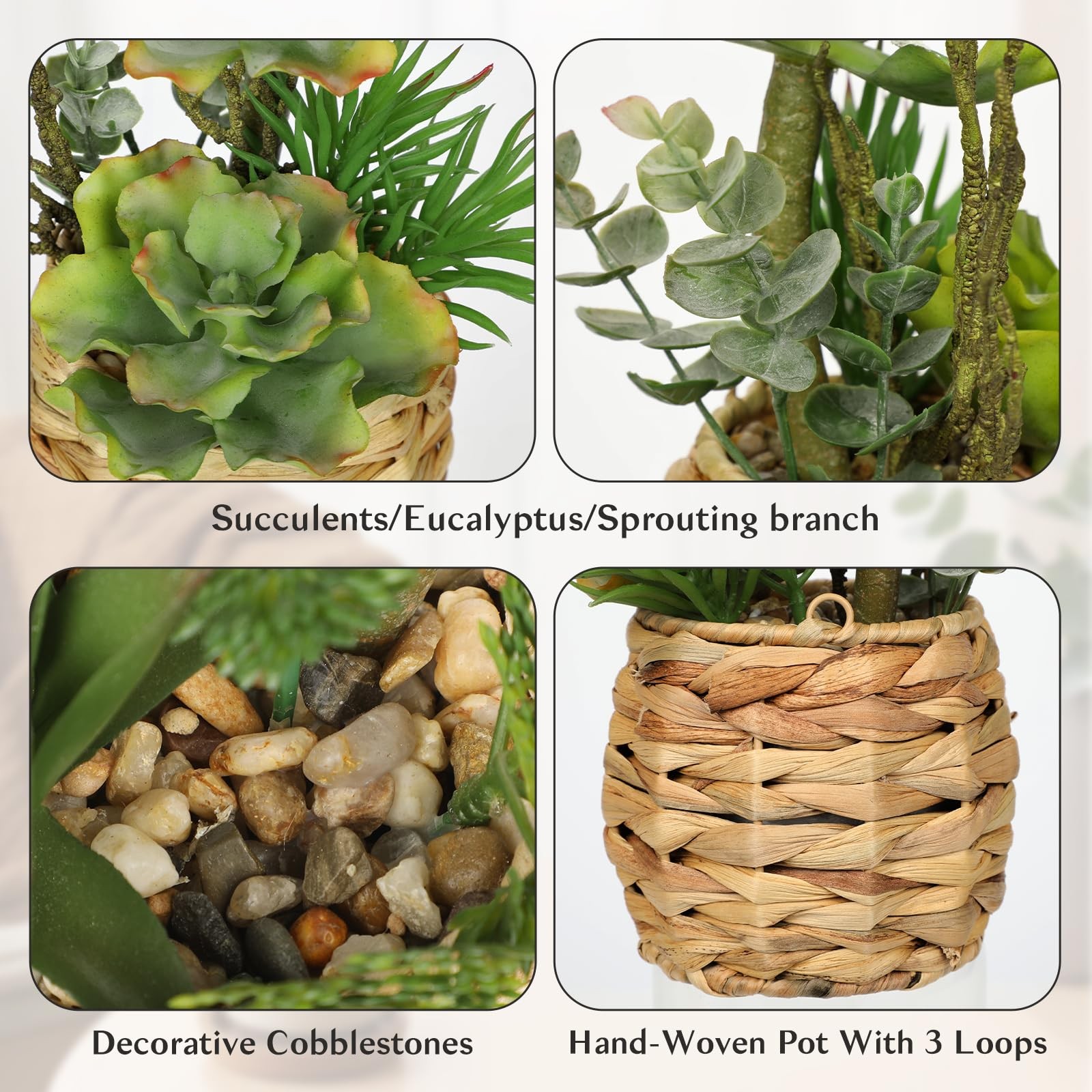 10 Inch Large Artificial Faux Potted Succulent Plant Wooden Woven Pot Decor