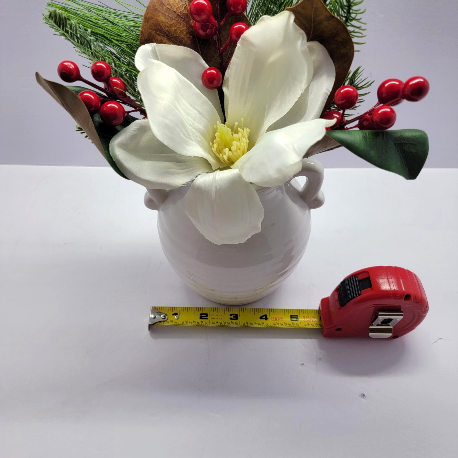 Farmhouse Magnolia Pine Berry Faux Floral Arrangement White Ceramic Vase Decor