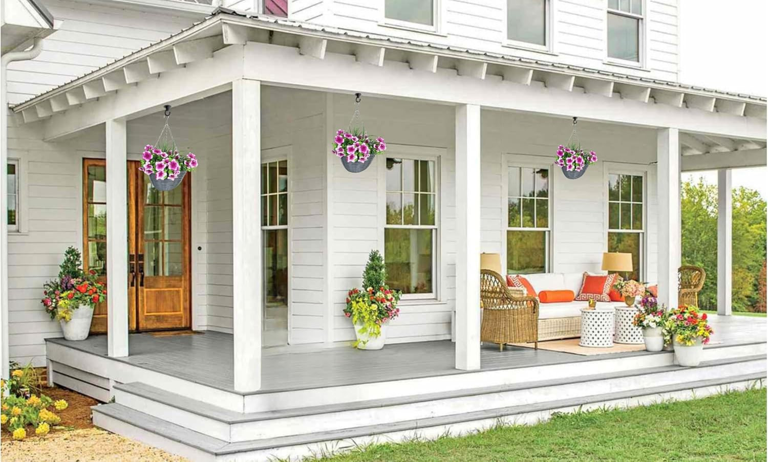 Pink Artificial Petunia Hanging Plant with Eucalyptus for Outdoor Decor